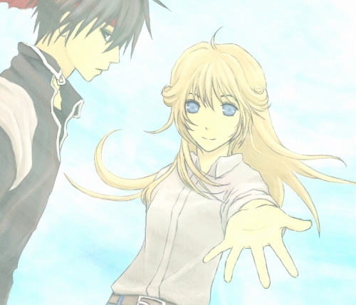 miyako (threeworlds), cleo everlastin, orphen, majutsushi orphen, lowres, 1boy, 1girl, black hair, blonde hair, headband, long hair, outstretched arm, outstretched hand