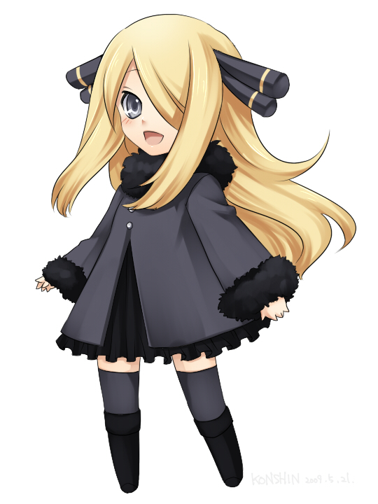 konshin, cynthia (pokemon), nintendo, pokemon, pokemon dppt, 00s, 1girl, :d, aged down, blonde hair, blue eyes, chibi, female focus, hair ornament, hair over one eye, long hair, open mouth, simple background, smile, solo, thighhighs, white background