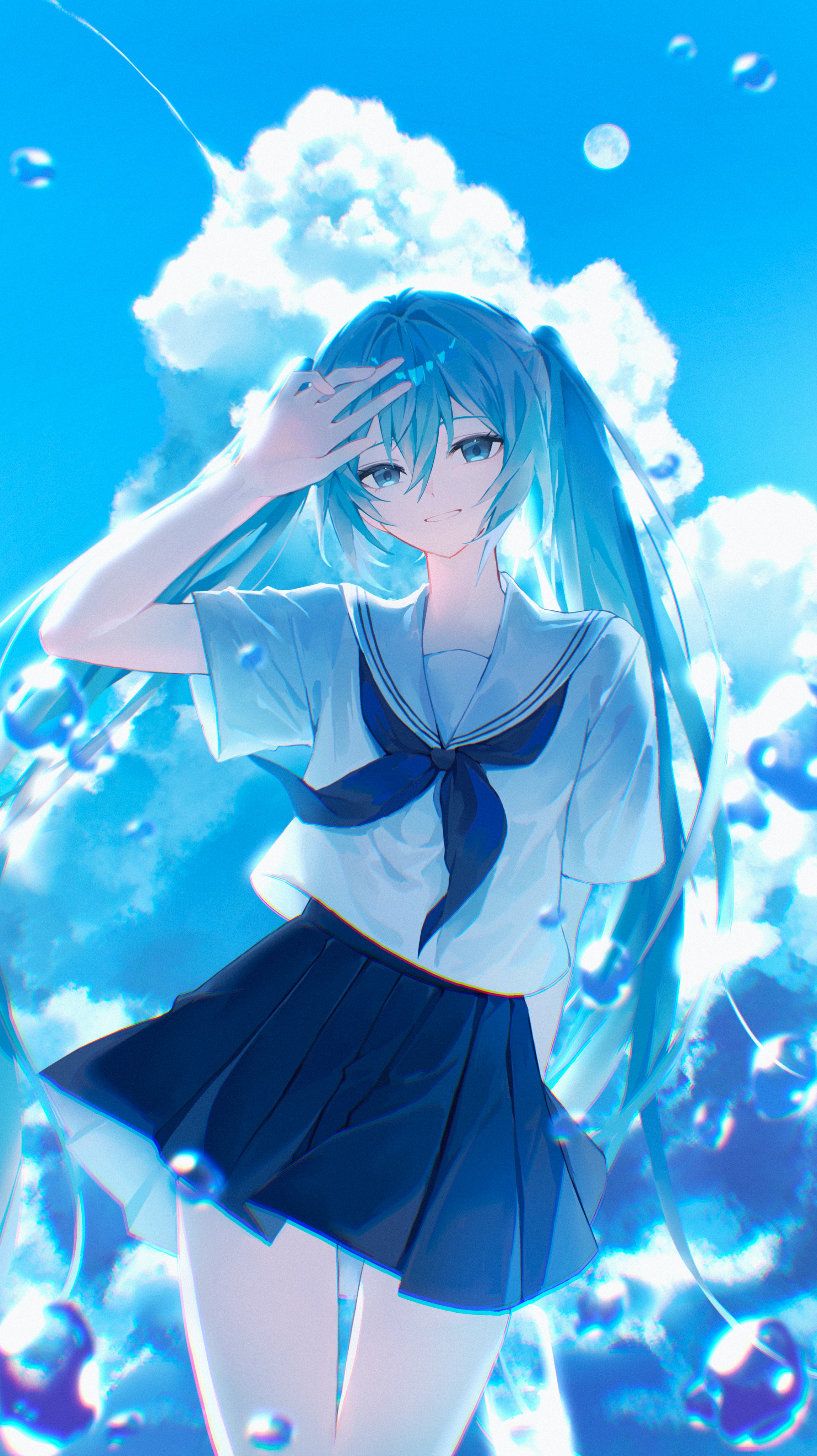 shirohanamame (shiroha nmm), hatsune miku, vocaloid, absurdres, highres, 1girl, alternate costume, arm behind back, black neckerchief, black skirt, blue eyes, blue hair, blue sky, blue theme, bubble, cloud, cowboy shot, double-parted bangs, hair between eyes, long hair, looking at viewer, neckerchief, pleated skirt, rocket cider (vocaloid), sailor collar, school uniform, serafuku, shirt, short sleeves, skirt, sky, smile, twintails, very long hair, white sailor collar, white shirt