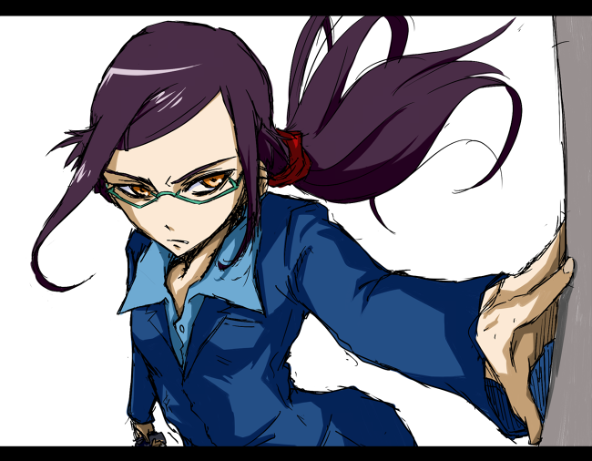 yuuki (yuuki333), kirihara misaki, darker than black, 00s, 1girl, black hair, brown eyes, collared shirt, expressionless, female focus, formal clothes, glasses, green-framed eyewear, letterboxed, long sleeves, looking at viewer, ponytail, shirt, sidelocks, simple background, solo, suit, upper body, white background