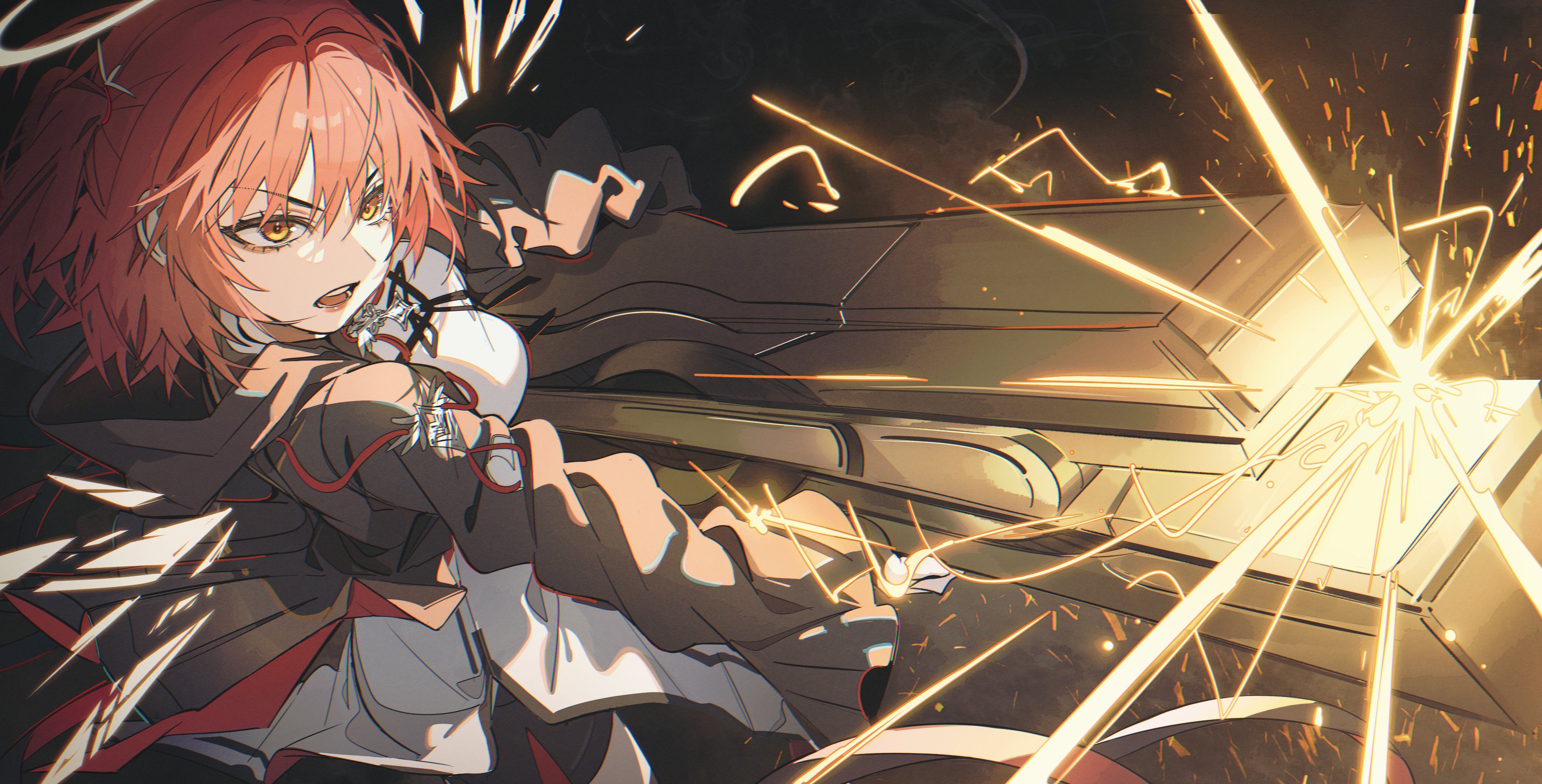 noubin, exusiai (arknights), exusiai the new covenant (arknights), arknights, absurdres, commentary, english commentary, highres, 1girl, black jacket, casting spell, chromatic aberration, detached wings, energy, hair between eyes, halo, holding, holding weapon, jacket, long sleeves, open mouth, orange hair, shirt, short hair, solo, traditional halo, weapon, white halo, white shirt, wings, yellow eyes