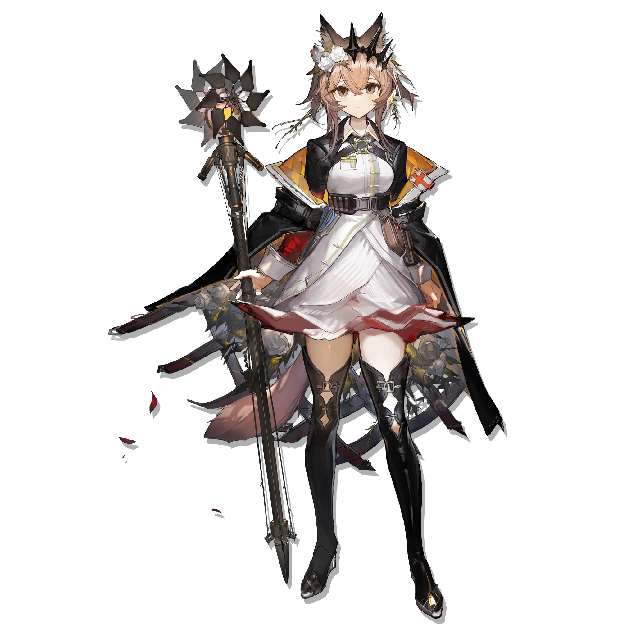 vendela (arknights), arknights, commentary request, highres, official art, 1girl, animal ear fluff, animal ears, arm at side, black jacket, boots, border, breasts, brown hair, crown, dress, falling petals, flower, fox ears, fox girl, fox tail, full body, holding, holding staff, jacket, jacket on shoulders, medium breasts, open clothes, open jacket, petals, rose, short hair, short hair with long locks, sidelocks, simple background, solo, sparkle, staff, tail, thigh boots, white dress