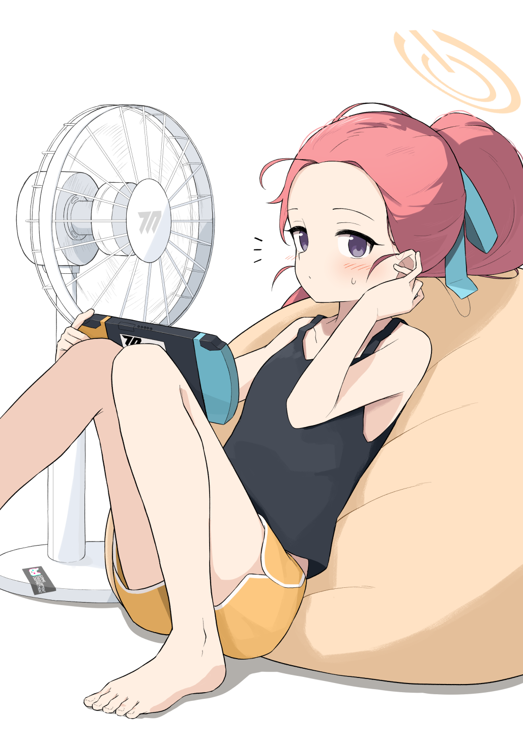yoimura, yuzu (blue archive), blue archive, commentary request, highres, 1girl, alternate costume, aqua ribbon, bare arms, bare legs, bare shoulders, barefoot, bean bag chair, black tank top, blush, closed mouth, convenient leg, dolphin shorts, electric fan, foot out of frame, forehead, hair pulled back, hair ribbon, halo, hand up, handheld game console, holding, holding handheld game console, knees together feet apart, knees up, long hair, looking at viewer, millennium science school logo, nintendo switch, notice lines, official alternate hairstyle, ponytail, power symbol, purple eyes, red hair, ribbon, shadow, short shorts, shorts, simple background, sitting, solo, sweatdrop, tank top, toes, white background, yellow halo, yellow shorts