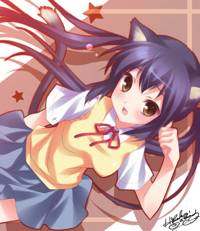 satomi hinako, nakano azusa, k-on!, lowres, 00s, 1girl, animal ears, black hair, blush, brown eyes, cat ears, cat girl, cat tail, female focus, long hair, neck ribbon, paw pose, red ribbon, ribbon, school uniform, skirt, solo, sweater vest, tail, twintails