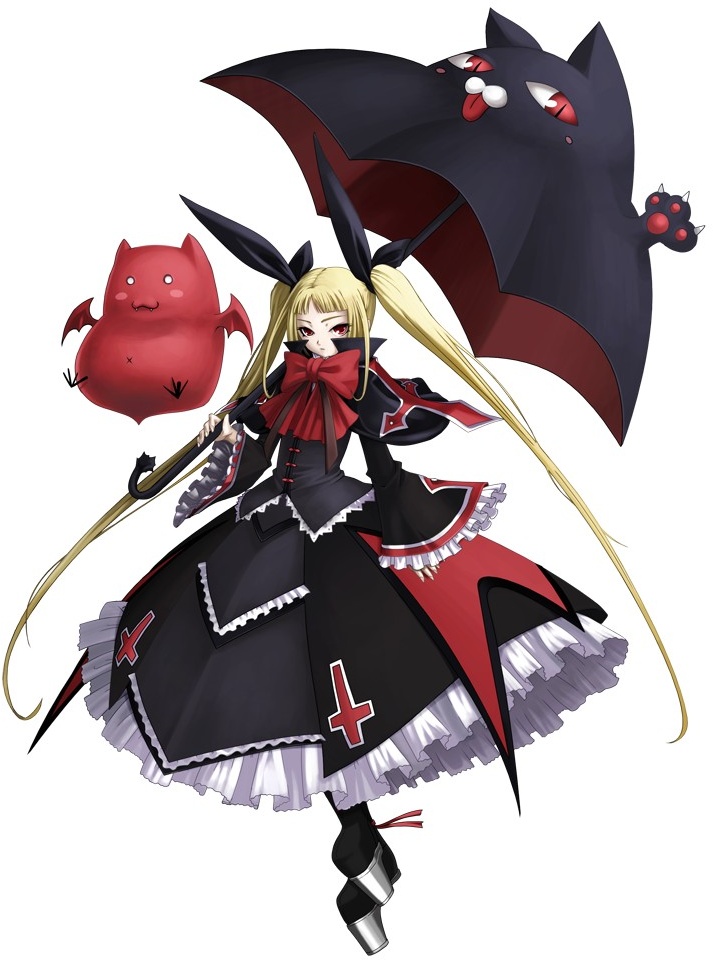 mori toshimichi, gii, nago, rachel alucard, arc system works, blazblue, blazblue: calamity trigger, official art, 1girl, :3, :p, animal hands, bat (animal), bat wings, blonde hair, blush stickers, bow, bowtie, cat, claws, colored skin, cross, fangs, female focus, flying, frills, gothic lolita, hair ribbon, lolita fashion, long hair, o o, parasol, platform shoes, red bow, red eyes, red skin, ribbon, shoes, simple background, skirt, solo, standing, tongue, tongue out, twintails, umbrella, vampire, very long hair, white background, wings