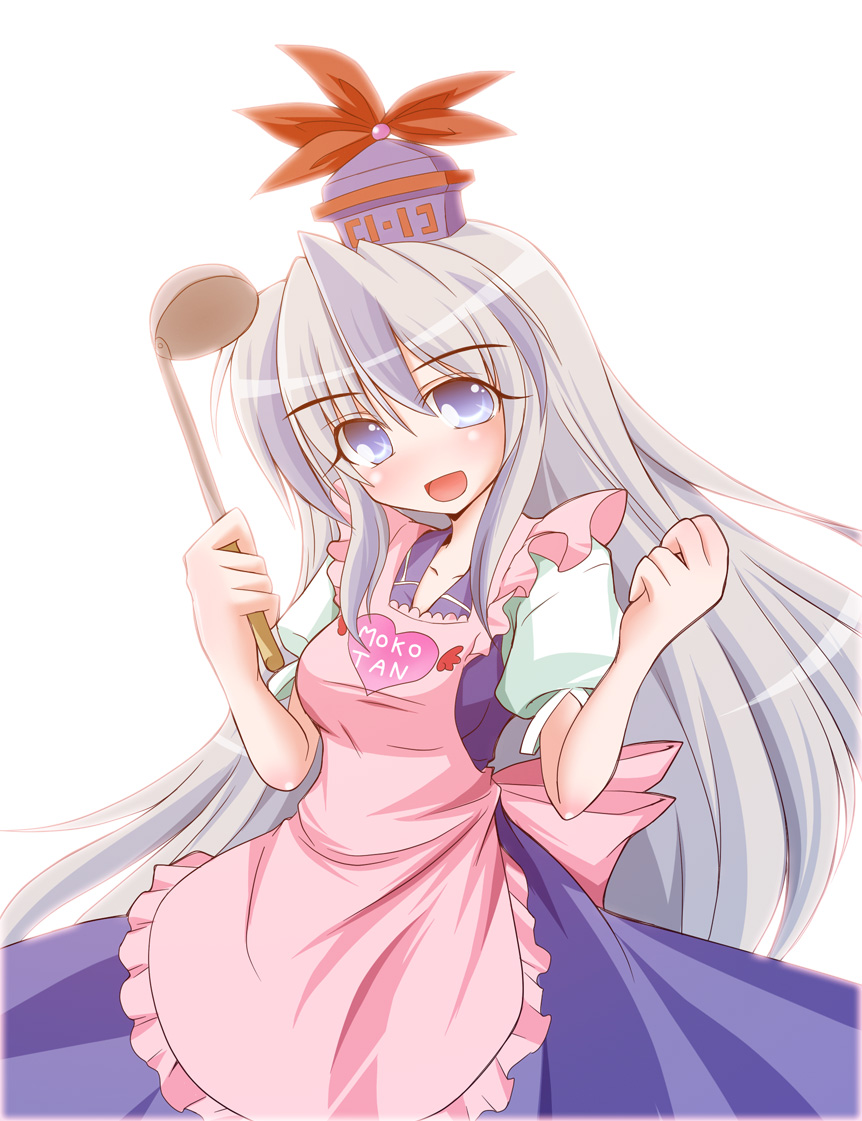 geo (yukishitadou), kamishirasawa keine, touhou, silver hair, 1girl, apron, blue eyes, female focus, hat, ladle, long hair, simple background, solo, white background