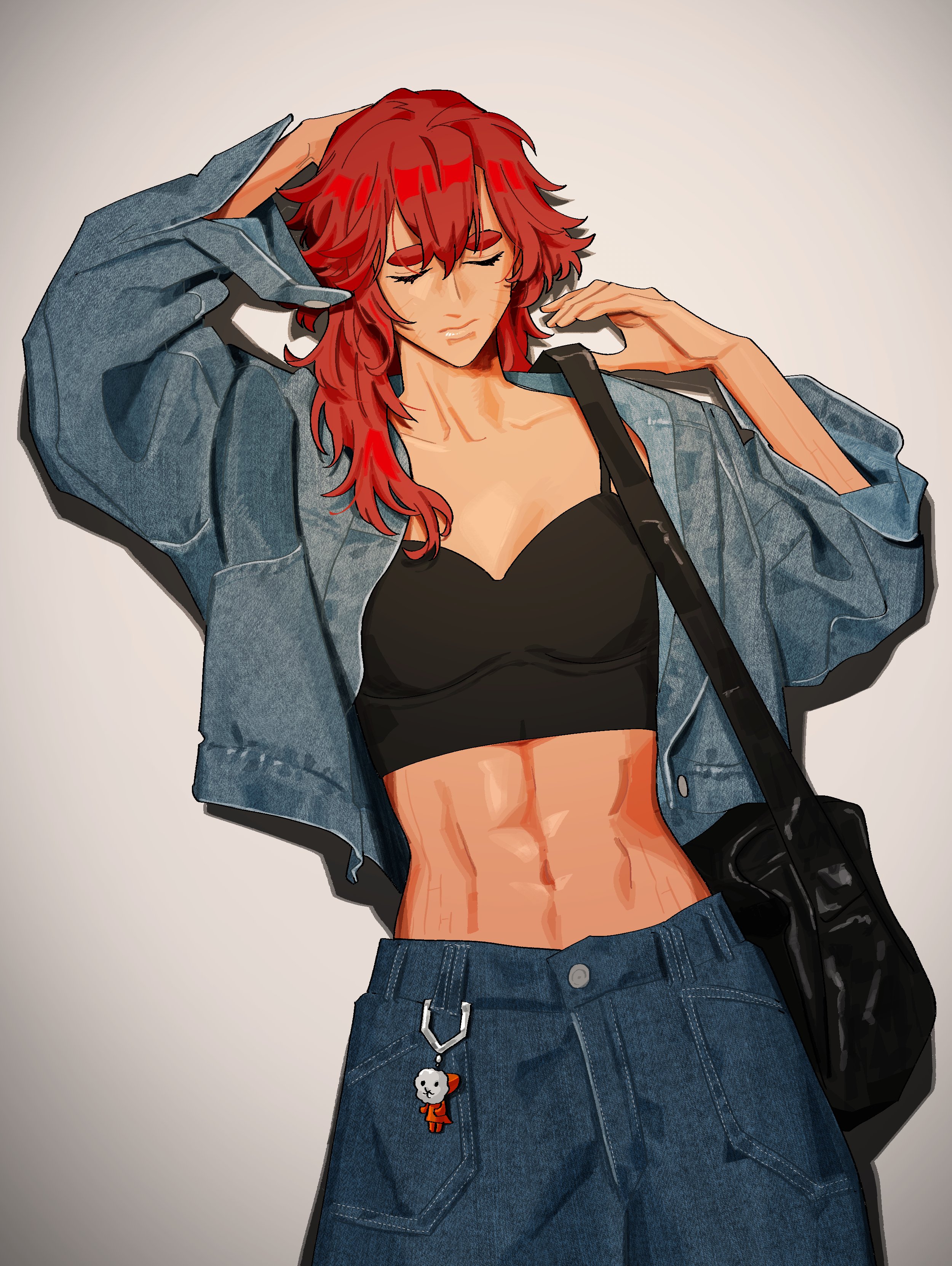 snapagi, hots (gundam suisei no majo), suletta mercury, gundam, gundam suisei no majo, absurdres, commentary request, highres, korean commentary, 1girl, abs, bag, black shirt, blue jacket, blue pants, closed eyes, closed mouth, collarbone, denim, denim jacket, grey background, jacket, jeans, midriff, pants, shirt, shoulder bag, solo, tank top, thick eyebrows, toned, toned female