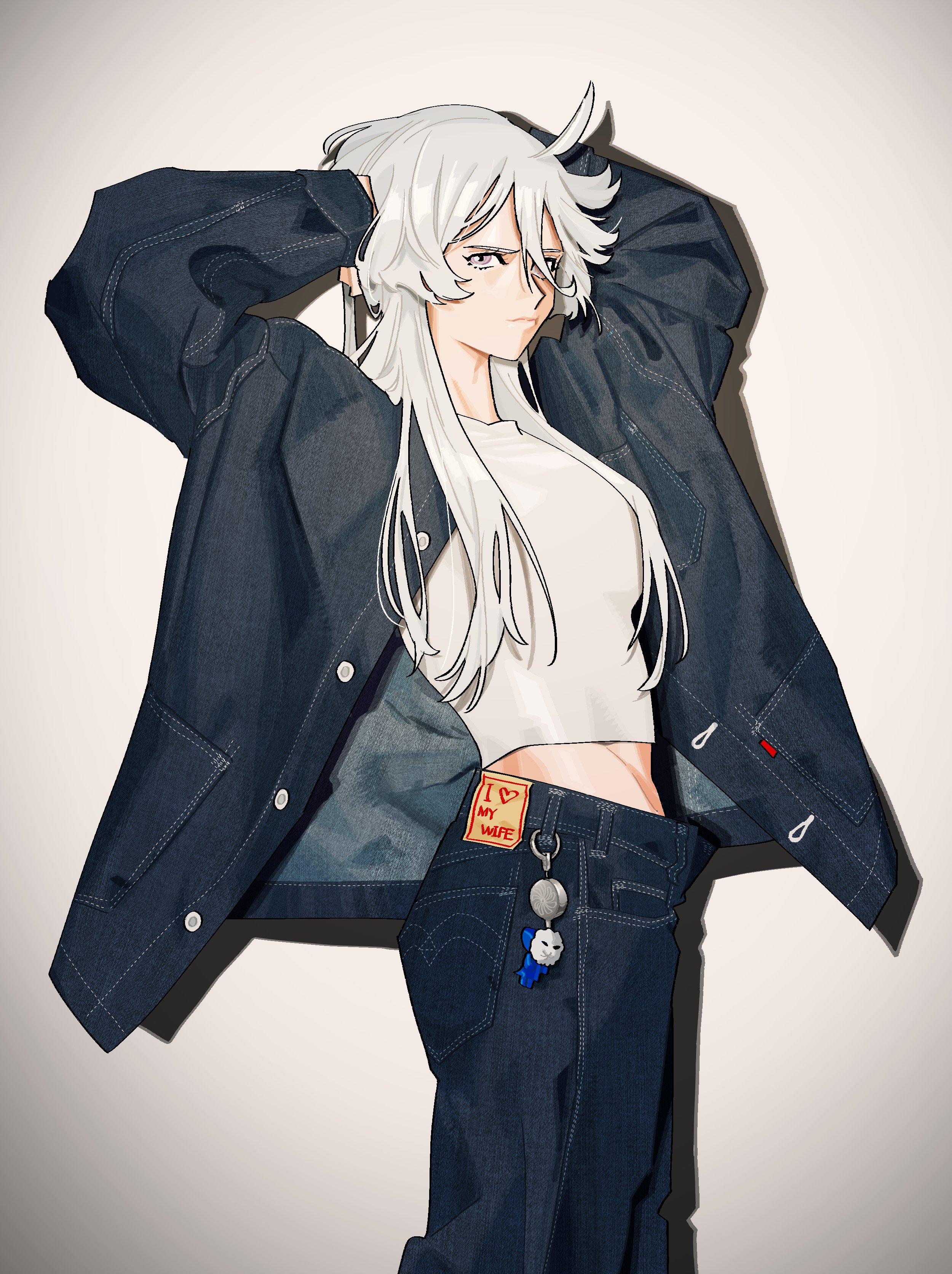 snapagi, miorine rembran, gundam, gundam suisei no majo, absurdres, commentary request, highres, korean commentary, 1girl, arms up, black jacket, black pants, closed mouth, cool (gundam suisei no majo), denim, denim jacket, english text, grey eyes, heart, implied yuri, jacket, jeans, long hair, pants, shirt, solo, white hair, white shirt