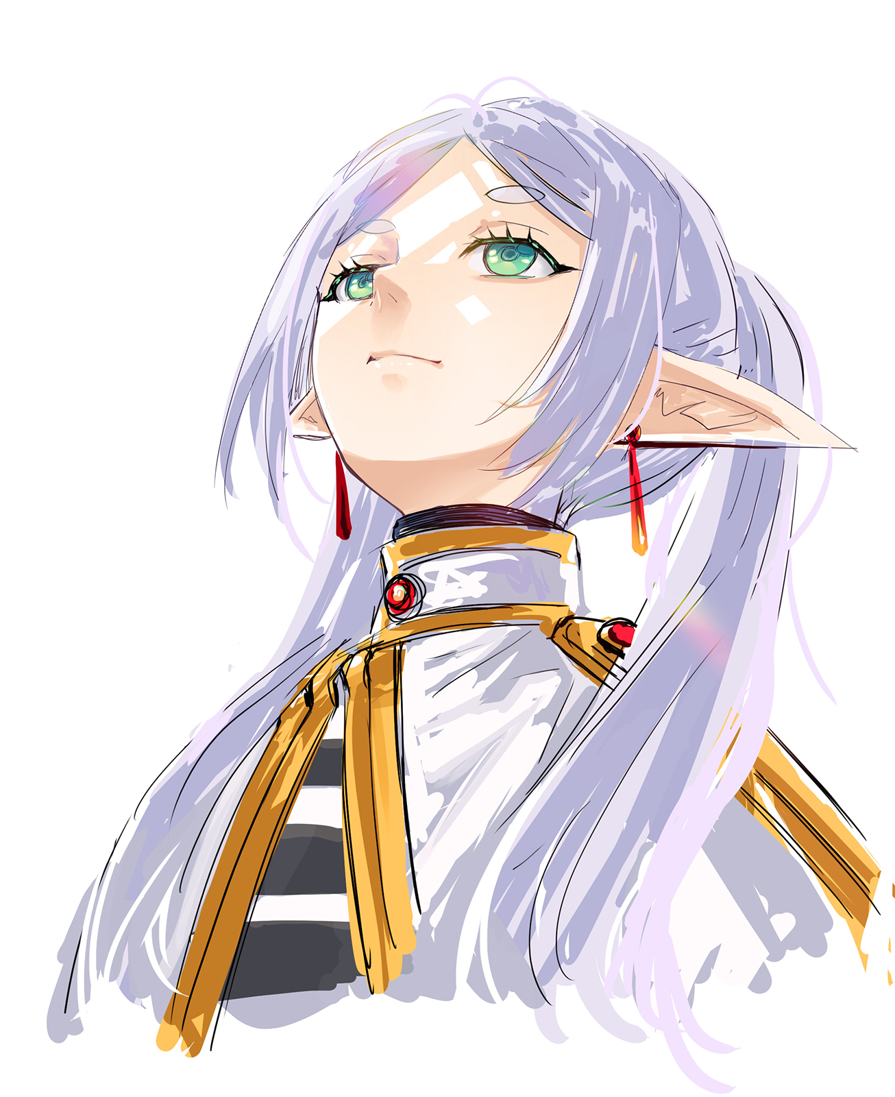 l.f., frieren, sousou no frieren, commentary request, highres, 1girl, capelet, closed mouth, cropped torso, earrings, elf, green eyes, hair over shoulder, jewelry, long hair, long pointy ears, looking up, meme, parted bangs, pointy ears, shirt, simple background, solo, striped clothes, striped shirt, teardrop earrings, thick eyebrows, twintails, upward angle frieren drawing (meme), white background, white capelet, white hair