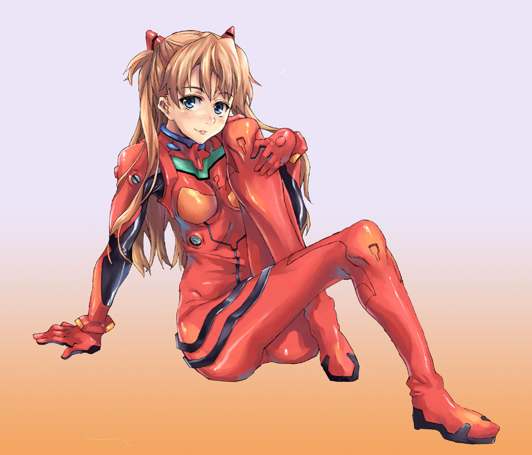 kno1, souryuu asuka langley, evangelion: 2.0 you can (not) advance, neon genesis evangelion, rebuild of evangelion, bad id, bad pixiv id, 00s, 1girl, :p, arm support, blonde hair, blue eyes, blush, bodysuit, bracer, breasts, brown hair, closed mouth, female focus, from side, full body, gloves, gradient background, grey background, hair over shoulder, hand on own knee, headgear, hugging own legs, knees up, long hair, looking at viewer, mecha pilot suit, orange background, plugsuit (evangelion), shiny clothes, sitting, small breasts, solo, tongue, tongue out, turtleneck, two side up