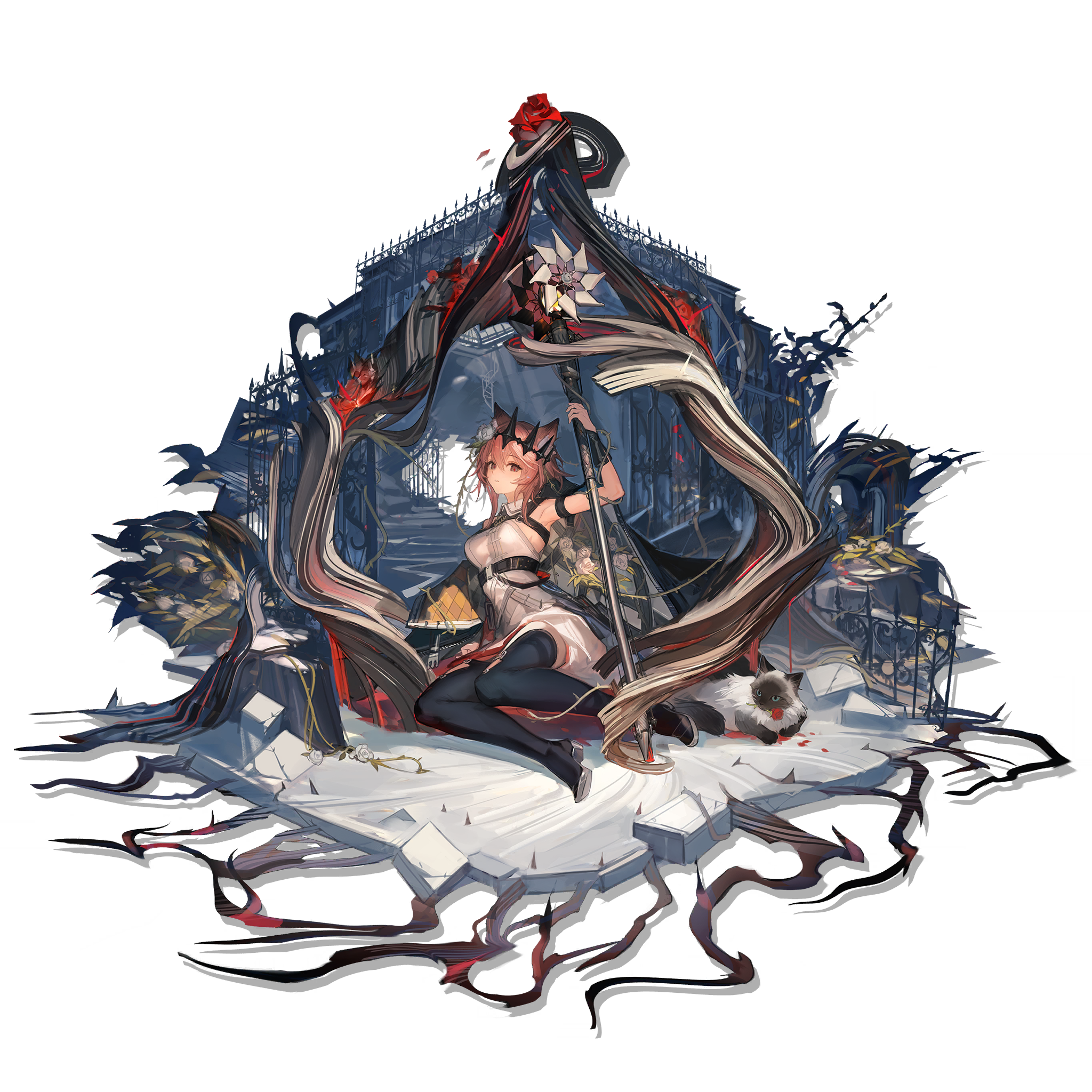 kumatangent, vendela (arknights), arknights, commentary request, highres, official art, 1girl, animal ear fluff, animal ears, arm at side, armpits, black jacket, boots, border, breasts, brown hair, cat, crown, dress, falling petals, flower, fox ears, fox girl, fox tail, holding, holding staff, jacket, jacket on shoulders, medium breasts, open clothes, open jacket, petals, rose, short hair, short hair with long locks, sidelocks, simple background, sitting, solo, sparkle, staff, tail, thigh boots, white dress, yokozuwari