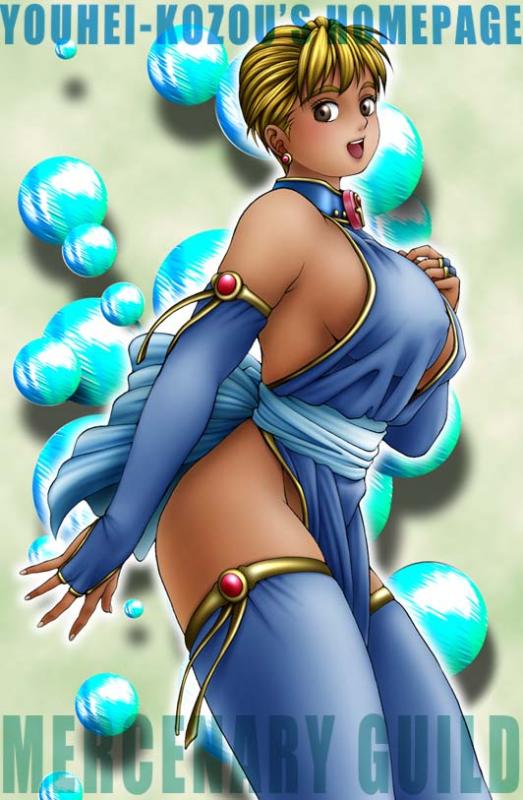 youhei kozou, phaia, spunky knight, 1girl, ankh, artist name, blonde hair, bow, breasts, bridal gauntlets, brown eyes, earrings, female focus, gloves, huge breasts, jewelry, large breasts, looking at viewer, revealing clothes, short hair, smile, solo, thighhighs