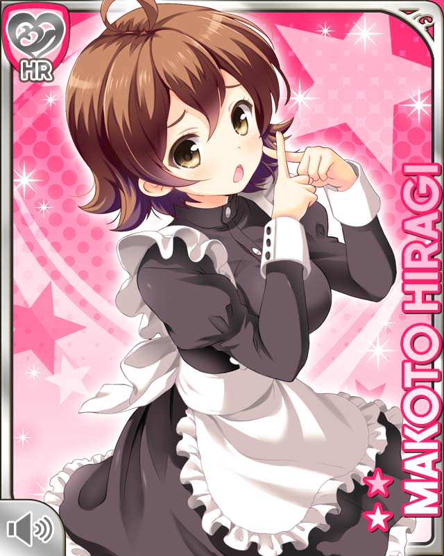 qp:flapper, hiragi makoto (girlfriend (kari)), girlfriend (kari), official art, 1girl, :o, ahoge, apron, black dress, breasts, brown eyes, brown hair, card (medium), character name, dress, frilled apron, frills, large breasts, looking at viewer, maid, pink background, raised inner eyebrows, short hair, skirt, solo, white apron, x fingers