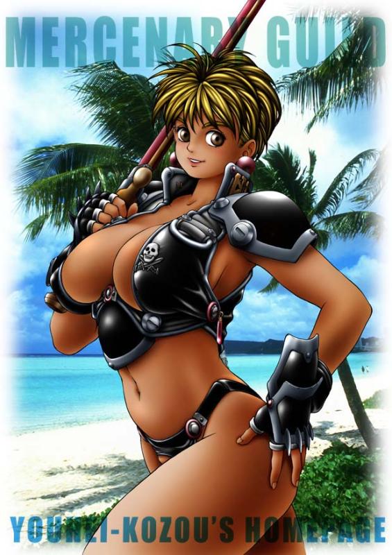 youhei kozou, phaia, spunky knight, 1girl, armor, artist name, beach, bikini, bikini armor, blue sky, breasts, cleavage cutout, clothing cutout, cloud, coconut tree, dark-skinned female, dark skin, earrings, female focus, fingerless gloves, gloves, jewelry, jolly roger, large breasts, looking at viewer, ocean, outdoors, palm tree, photo background, revealing clothes, short hair, skull and crossbones, skull and crossed swords, sky, smile, solo, swimsuit, sword, tree, weapon