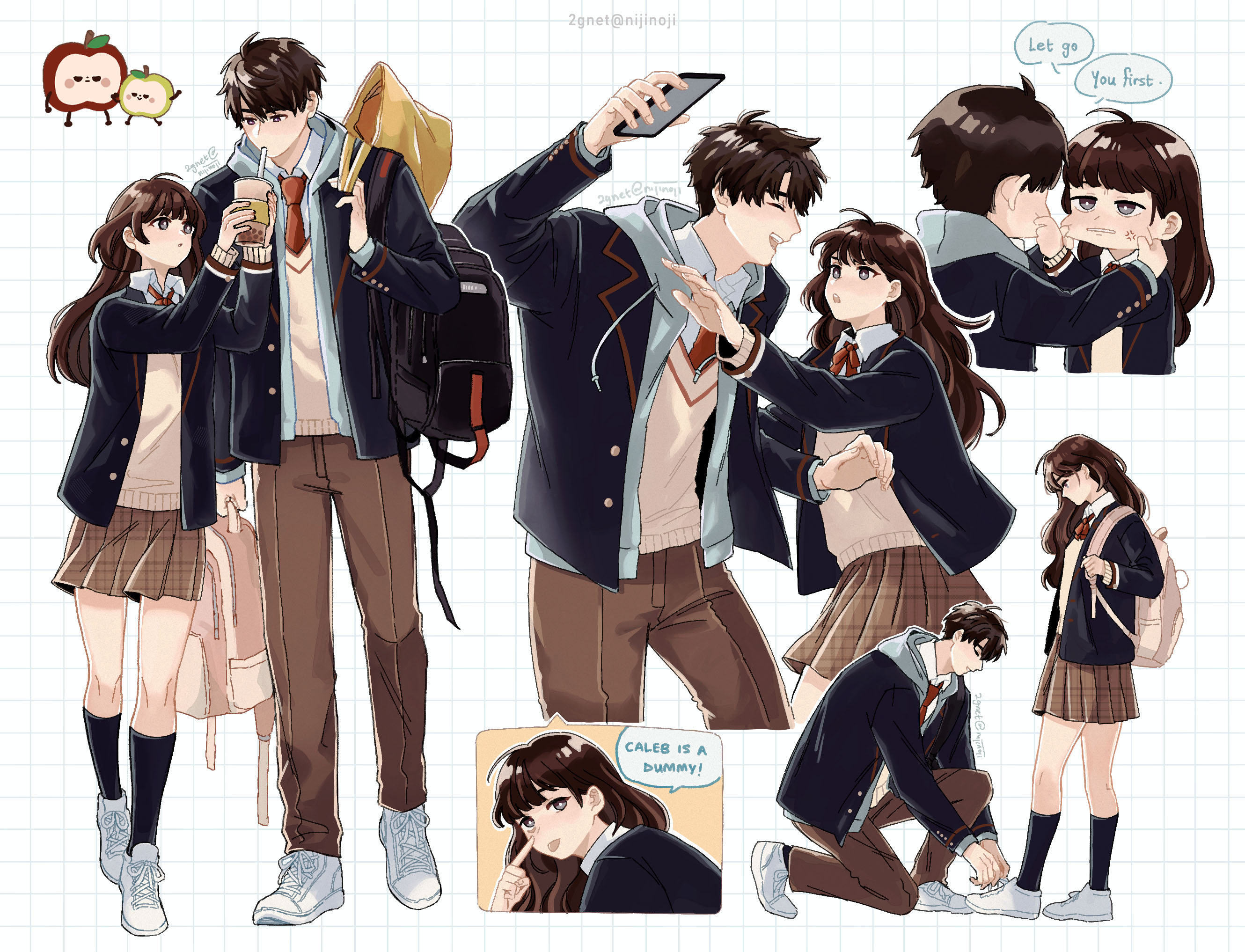 nijinoji, caleb (love and deepspace), protagonist (love and deepspace), love and deepspace, commentary, english commentary, highres, 1boy, 1girl, anger vein, apple, backpack, bag, black bag, black jacket, black socks, bow, bowtie, brown eyes, brown hair, brown pants, brown skirt, bubble tea, cheek pinching, chibi, chibi inset, collared shirt, cup, drinking, food, fruit, full body, grid background, hair between eyes, holding, holding cup, holding phone, jacket, long hair, multiple views, necktie, pants, phone, pinching, pink bag, plaid clothes, plaid skirt, red bow, red bowtie, red necktie, school uniform, shirt, shoes, short hair, shoulder bag, skirt, sneakers, socks, sweater, tongue, tongue out, tying footwear, upper body, white shirt, white shoes
