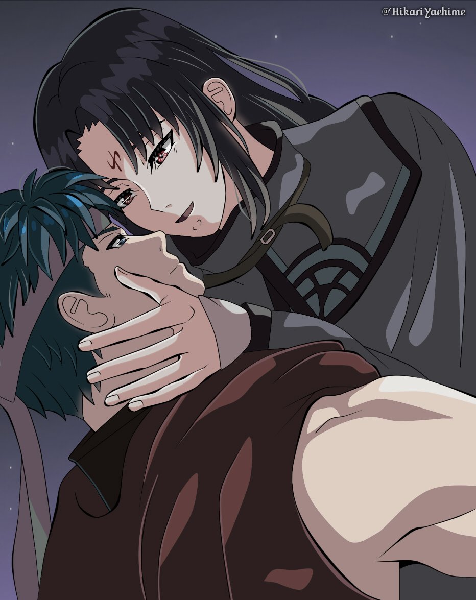 hikariyaehime, ike (fire emblem), soren (fire emblem), fire emblem, fire emblem: radiant dawn, nintendo, commentary, english commentary, 2boys, black hair, facial mark, forehead mark, headband, long hair, male focus, multiple boys, parted lips, short hair, twitter username, yaoi