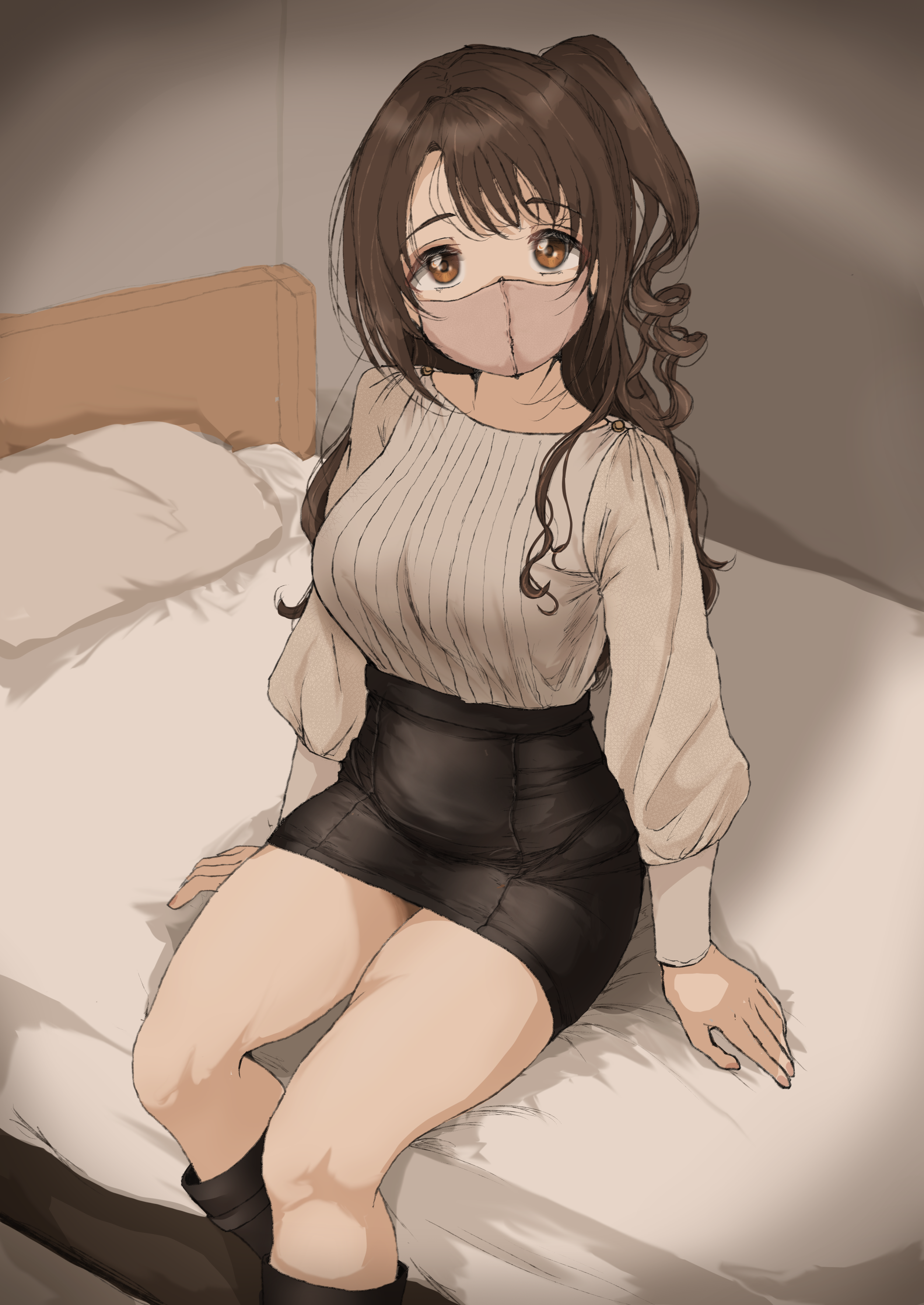 gatsby ssl, shimamura uzuki, idolmaster, idolmaster cinderella girls, absurdres, commentary, highres, 1girl, black skirt, breasts, brown eyes, brown hair, indoors, large breasts, long hair, long sleeves, looking at viewer, mask, miniskirt, mouth mask, on bed, one side up, pencil skirt, shirt, sitting, skirt, solo