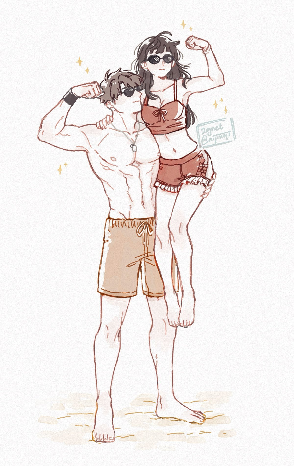 nijinoji, caleb (love and deepspace), protagonist (love and deepspace), love and deepspace, commentary, highres, symbol-only commentary, 1boy, 1girl, arm around shoulder, barefoot, black hair, breasts, brown hair, cleavage, couple, dog tags, flexing, full body, hetero, long hair, male swimwear, medium breasts, midriff, orange male swimwear, red shirt, red shorts, shirt, short hair, shorts, smile, sparkle, standing, sunglasses, topless male, twitter username, white background
