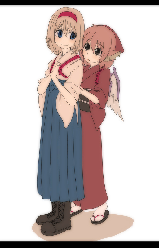cream (nipakupa), alice margatroid, mystia lorelei, okamisty, touhou, bad id, bad pixiv id, 2girls, animal ears, blonde hair, blue eyes, boots, earrings, female focus, hairband, japanese clothes, jewelry, letterboxed, multiple girls, pink hair, sandals, short hair, tasuki, wings