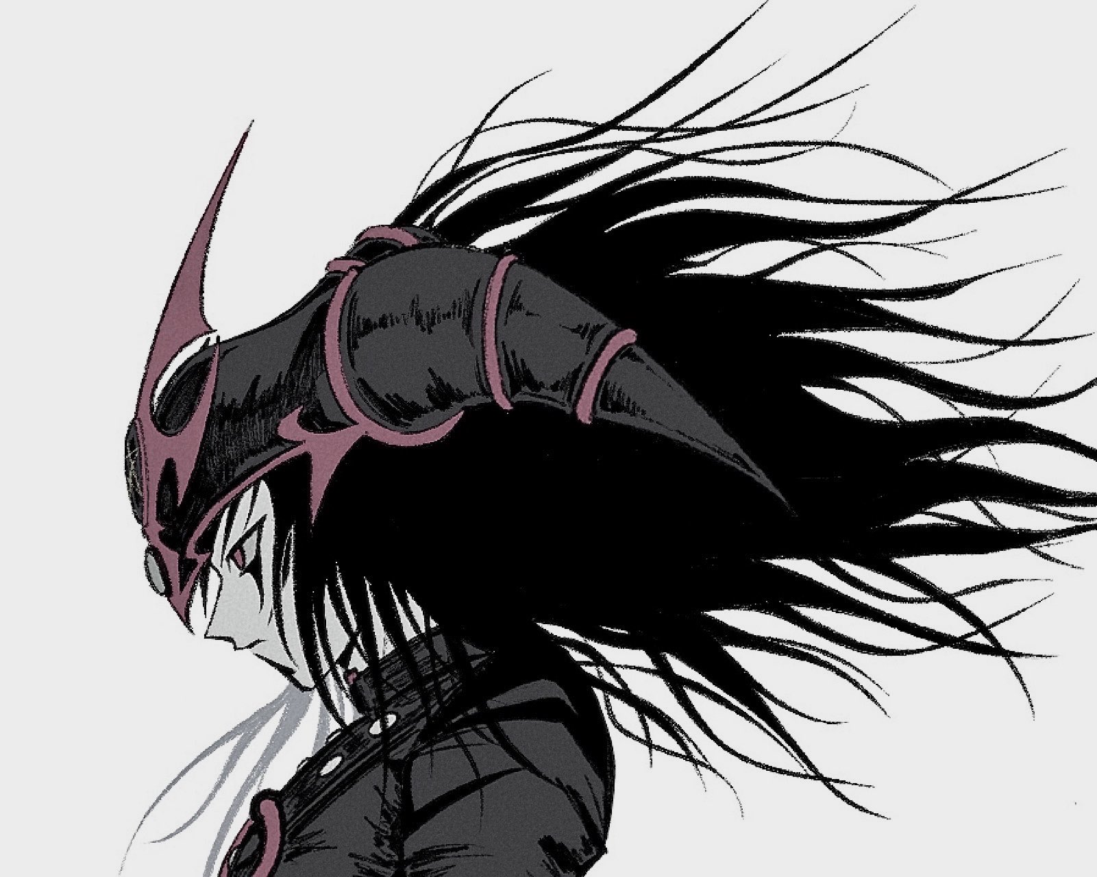 magician of black chaos, yu-gi-oh!, highres, 1boy, black hair, duel monster, from side, helmet, long hair, male focus, pink eyes, simple background, solo, upper body, yamamee19