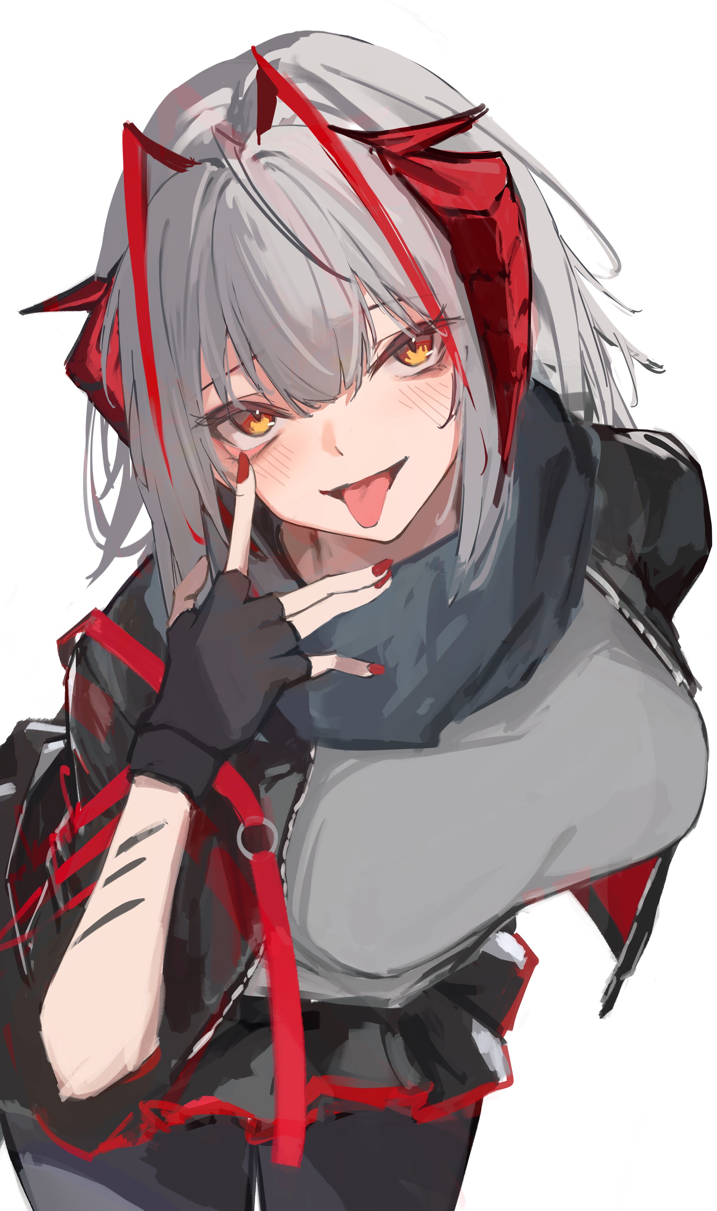 nekomatamago, w (arknights), arknights, absurdres, highres, 1girl, akanbe, antenna hair, black gloves, black pantyhose, blush, breasts, eyelid pull, fingerless gloves, fingernails, gloves, grey hair, hair between eyes, leaning, leaning forward, looking at viewer, medium breasts, nail polish, pantyhose, red hair, red nails, scar, scar on arm, short hair, simple background, solo, tongue, tongue out, white background, yellow eyes