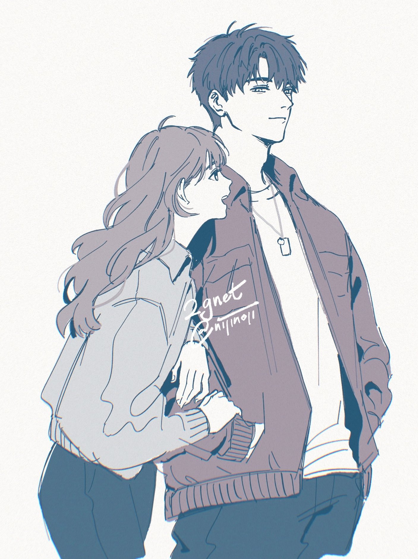 nijinoji, caleb (love and deepspace), protagonist (love and deepspace), love and deepspace, highres, 1boy, 1girl, artist name, black hair, black pants, brown coat, brown hair, closed mouth, coat, couple, cowboy shot, dog tags, grey jacket, hetero, holding another's arm, jacket, long hair, open mouth, pants, shirt, short hair, smile, twitter username, white background, white shirt