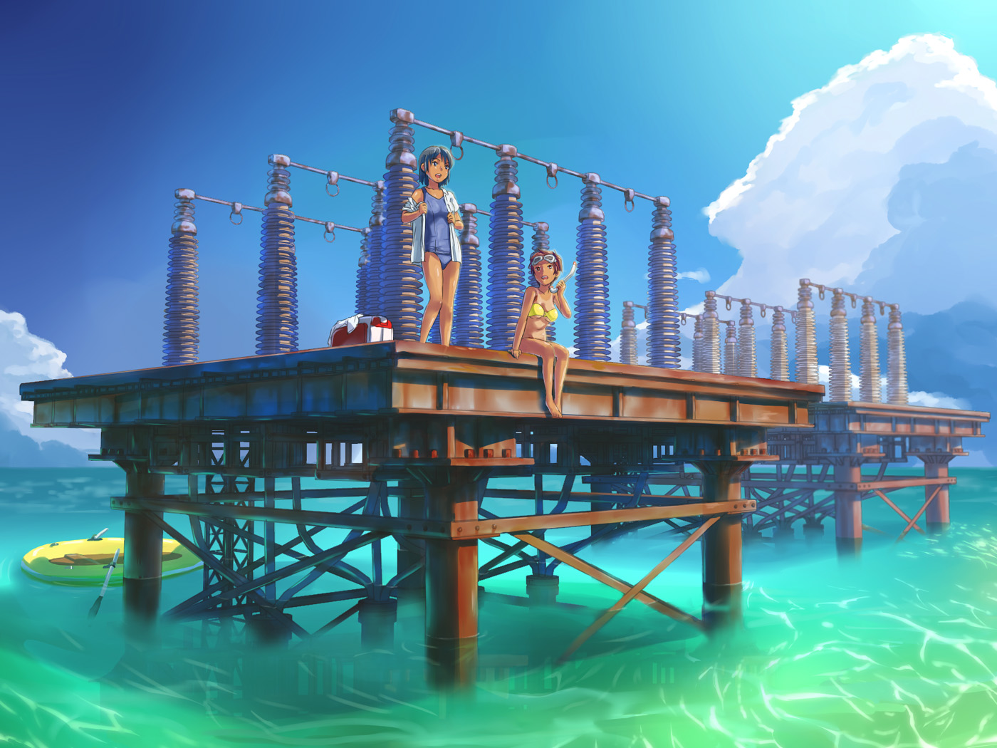 stella bottaculi, original, 2girls, bag, bikini, bikini under clothes, blue hair, brown hair, day, dock, goggles, inflatable raft, multiple girls, no pants, one-piece swimsuit, open clothes, open shirt, scenery, school swimsuit, sea platform, shirt, short hair, snorkel, swimsuit, swimsuit under clothes, water