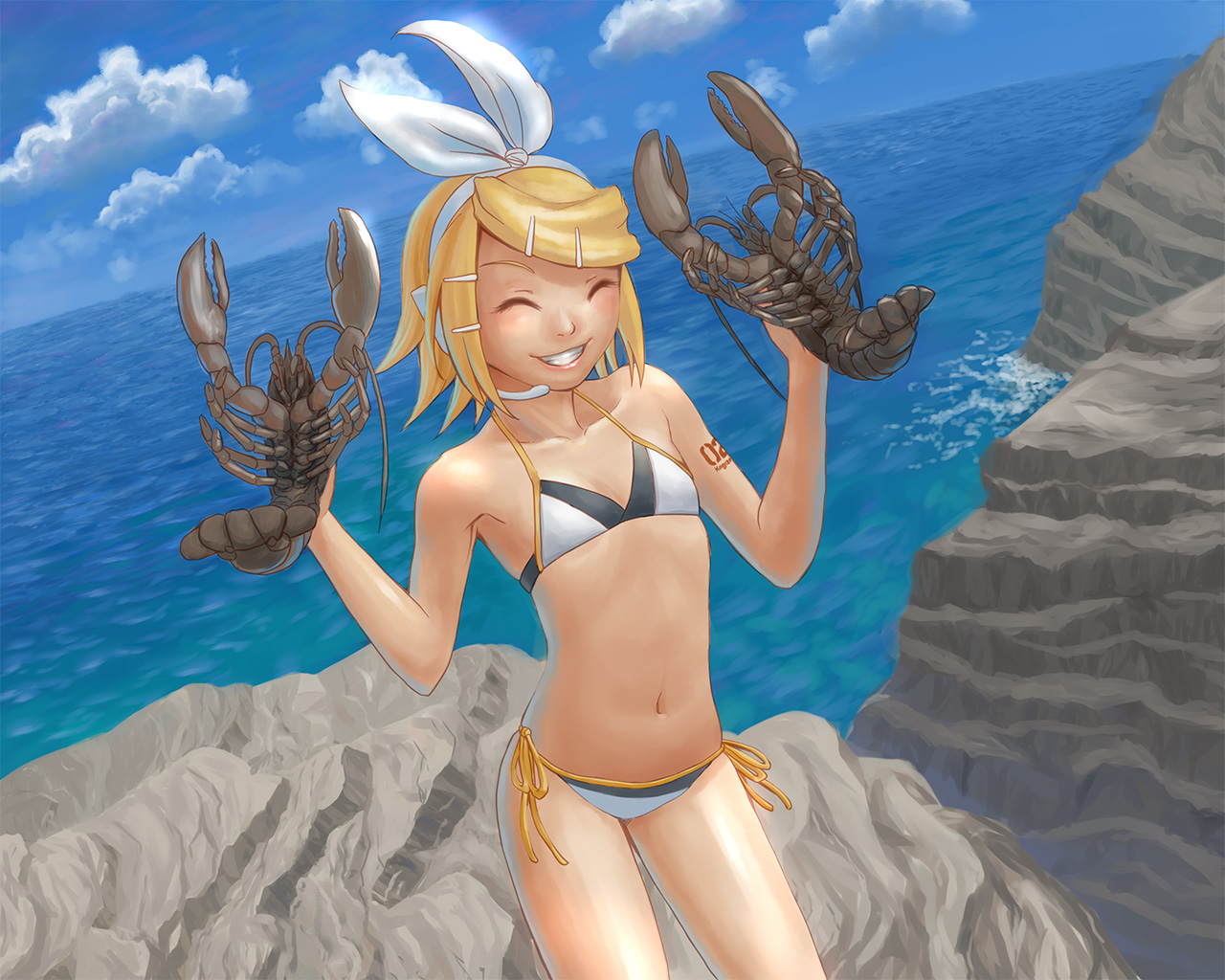 urushizawa takayuki, kagamine rin, vocaloid, bikini, blonde hair, closed eyes, crustacean, day, flat chest, grin, lobster, rock, short hair, smile, swimsuit, white bikini