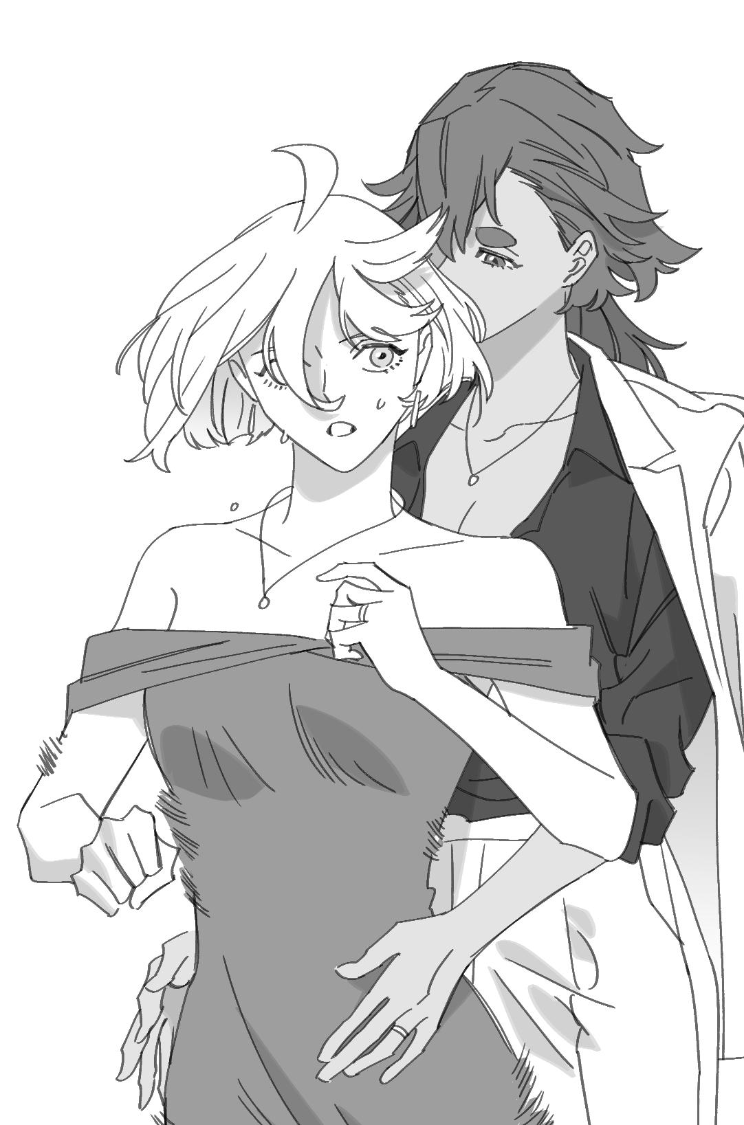 snapagi, miorine rembran, suletta mercury, gundam, gundam suisei no majo, commentary request, highres, korean commentary, 2girls, bare shoulders, collared shirt, dress, greyscale, hands on another's waist, jacket, jacket on shoulders, jewelry, long hair, monochrome, multiple girls, necklace, off-shoulder dress, off shoulder, open mouth, ring, shirt, short hair, sweat, thick eyebrows, wedding ring, wife and wife, yuri