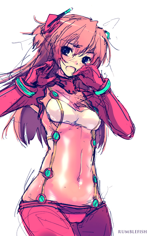 refeia, souryuu asuka langley, evangelion: 2.0 you can (not) advance, neon genesis evangelion, rebuild of evangelion, 00s, 1girl, bodysuit, breasts, cleavage, female focus, mecha pilot suit, plugsuit (evangelion), see-through cleavage, see-through clothes, sketch, solo, test plugsuit (evangelion), white background