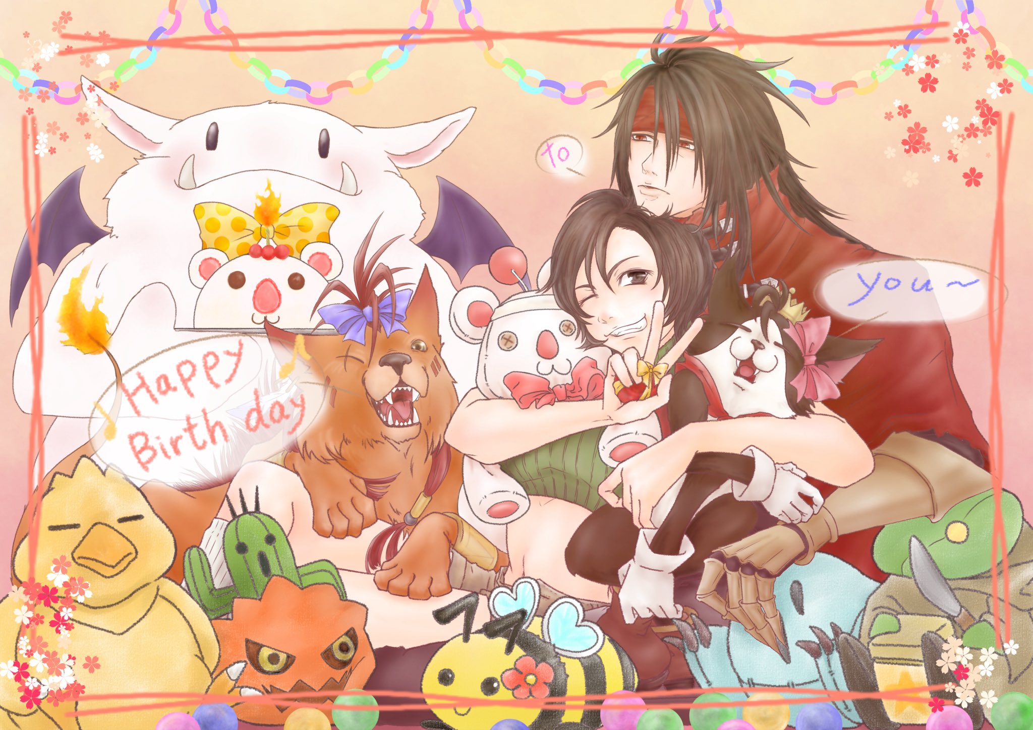 msa mne, tuxedo cat, bomb (final fantasy), cait sith (final fantasy), chocobo, moogle, red xiii, sabotender, tonberry, vincent valentine, yuffie kisaragi, final fantasy, final fantasy vii, highres, 1boy, 1girl, animal, bare arms, bee, blue bow, bow, box, brown eyes, bug, cape, cat, clawed gauntlets, cloak, creature, crop top, crown, gift, gift box, gloves, green shirt, grey shorts, grin, hair between eyes, happy birthday, headband, holding, holding gift, insect, long hair, midriff, mini crown, red cape, red cloak, red eyes, red headband, scar, scar across eye, scar on face, shirt, short hair, shorts, smile, teeth, upper body, v, white gloves