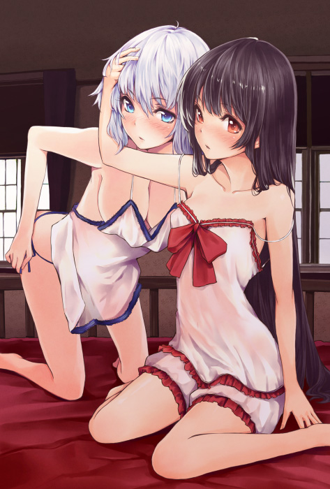tokunou shoutarou, original, 2girls, black hair, blue eyes, blush, breasts, chemise, cleavage, collarbone, hand on another's head, hanging breasts, kneeling, lingerie, long hair, multiple girls, no bra, panties, red eyes, short hair, sitting, small breasts, strap slip, underwear, wariza, white hair