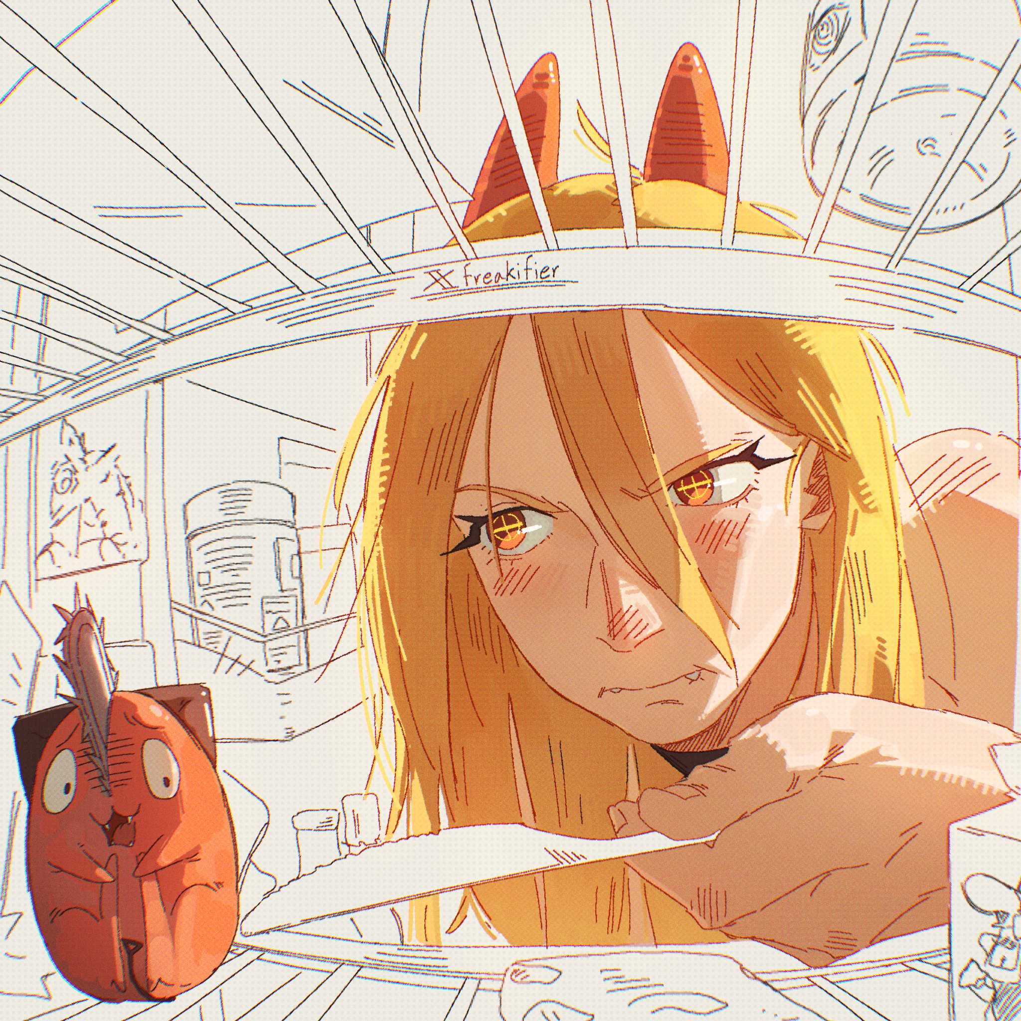 freakifier, pochita (chainsaw man), power (chainsaw man), chainsaw man, highres, 1girl, 1other, blush, butter knife, collarbone, creature, cross-shaped pupils, demon girl, fangs, fangs out, furrowed brow, hair between eyes, holding, holding knife, horns, hugging own legs, knife, long hair, orange hair, red eyes, red horns, refrigerator, shirt, symbol-shaped pupils, twitter username, upper body, white shirt, wide-eyed