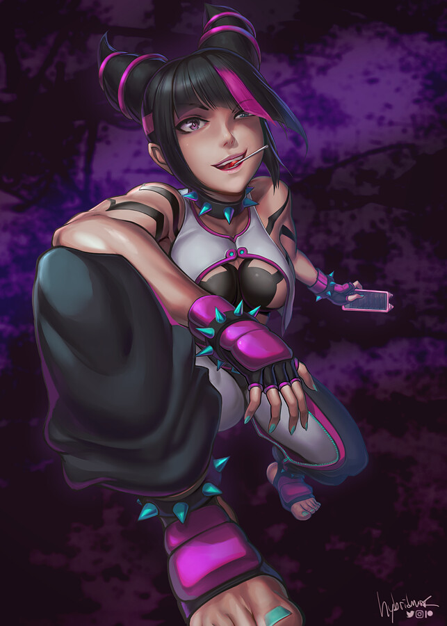 hybridmink, street fighter, street fighter 6, 1girl, artist name, bare shoulders, black hair, bracelet, breasts, candy, cellphone, collar, feet, film grain, fingerless gloves, fingernails, food, gloves, hair horns, heterochromia, jewelry, large breasts, lollipop, lollipop in mouth, nails, on one knee, pants, phone, purple background, sharp fingernails, sideboob, signature, smile, social media composition, spiked bracelet, spiked collar, spikes, toeless legwear, underboob, unzipped