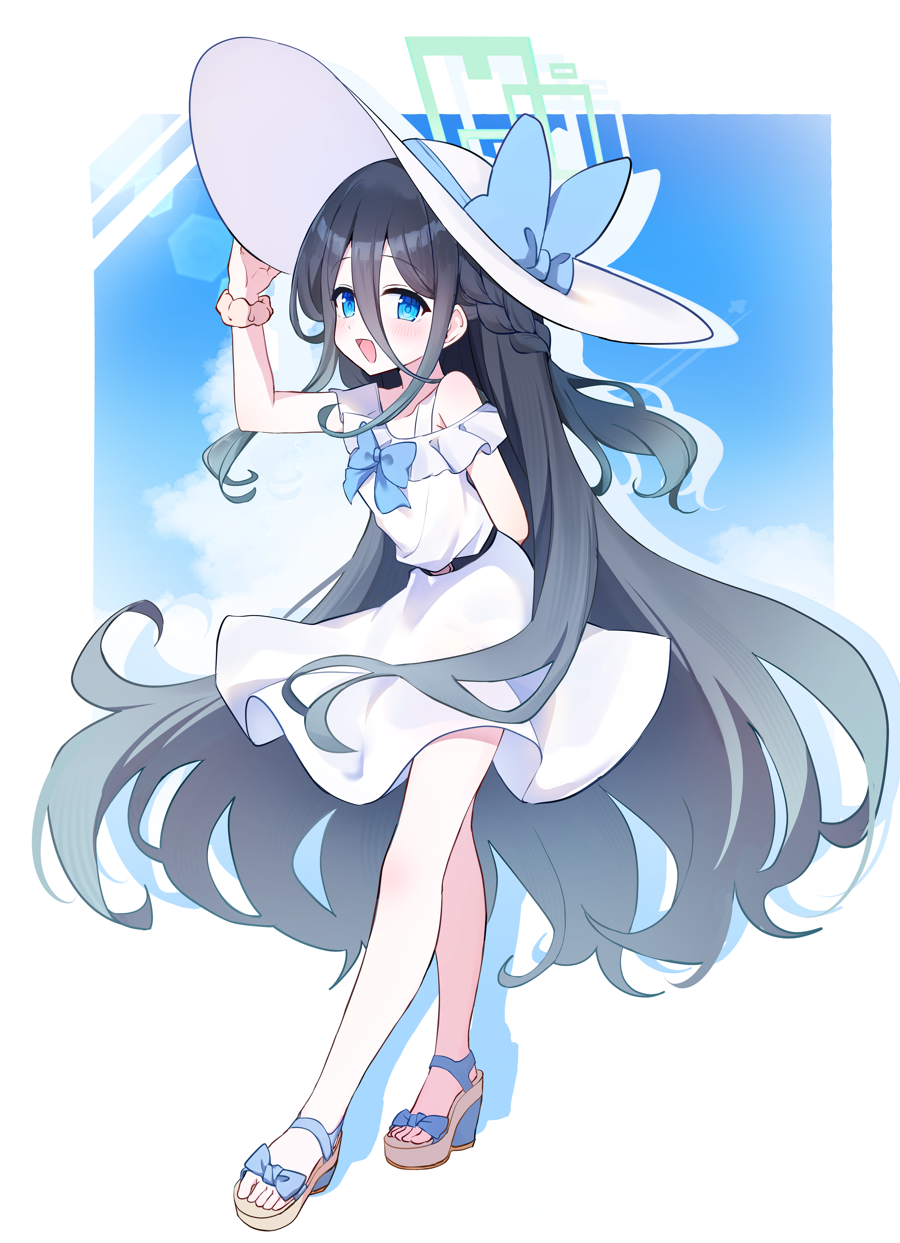 koroyarou, aris (blue archive), blue archive, absurdres, commentary request, highres, 1girl, :d, alternate costume, alternate hairstyle, arm behind back, belt, black belt, black hair, blue bow, blue bowtie, blue eyes, blush, bow, bowtie, braid, brown sandals, brown scrunchie, cloud, collarbone, double-parted bangs, dress, drop shadow, footwear bow, frilled dress, frills, full body, gradient hair, green halo, grey hair, hair between eyes, half up half down braid, halo, hand on headwear, hat, hat bow, high heel sandals, leaning forward, long bangs, long hair, long hair between eyes, long sidelocks, looking at viewer, multicolored hair, off-shoulder dress, off shoulder, open mouth, platform sandals, rectangular halo, sandals, scrunchie, sidelocks, single bare shoulder, sky, smile, solo, standing, sun hat, sundress, toes, very long hair, white background, white dress, white hat, wrist scrunchie