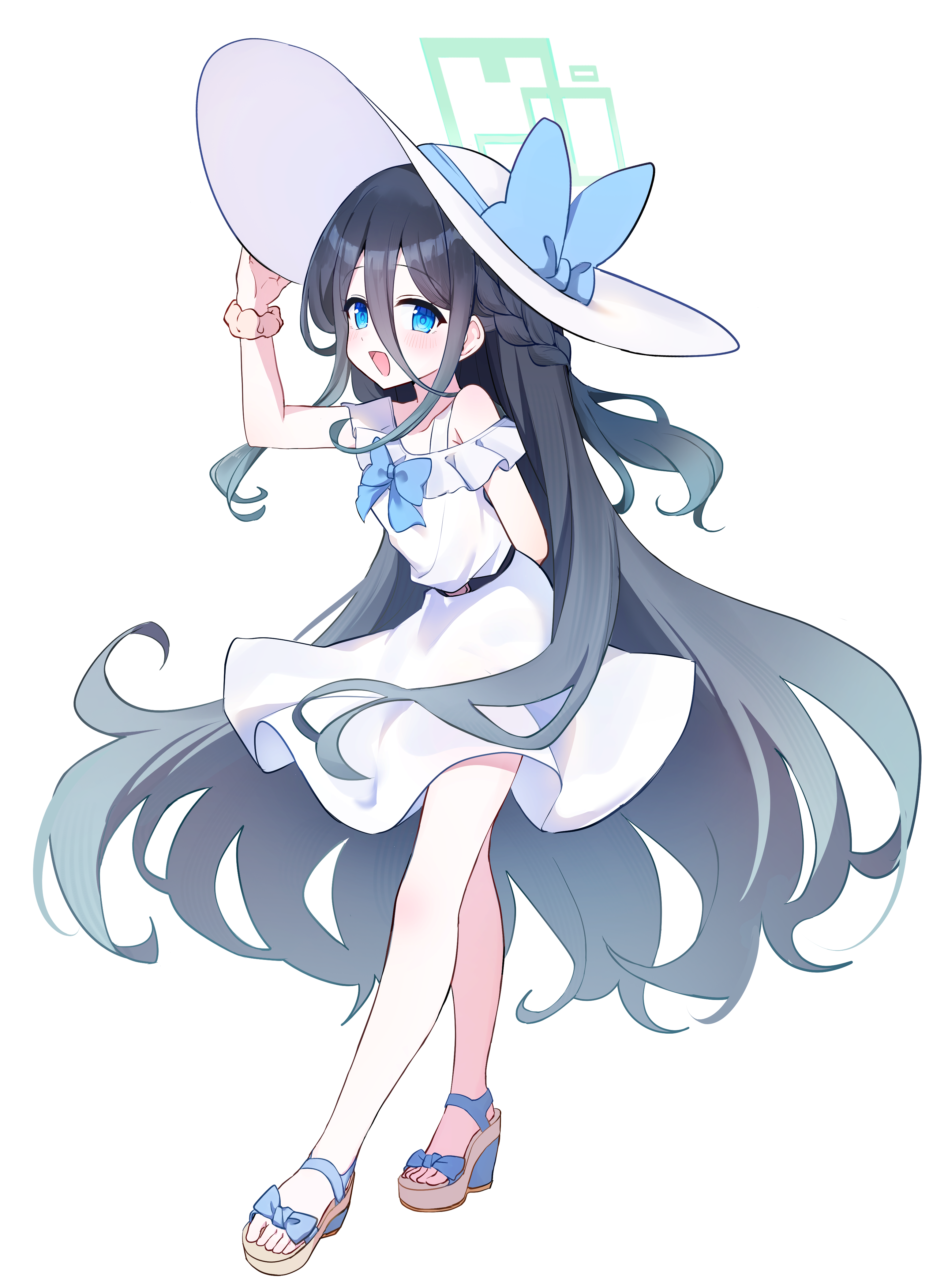 koroyarou, aris (blue archive), blue archive, absurdres, commentary request, highres, 1girl, :d, alternate costume, alternate hairstyle, arm behind back, belt, black belt, black hair, blue bow, blue bowtie, blue eyes, blush, bow, bowtie, braid, brown sandals, brown scrunchie, collarbone, double-parted bangs, dress, footwear bow, frilled dress, frills, full body, gradient hair, green halo, grey hair, hair between eyes, half up half down braid, halo, hand on headwear, hat, hat bow, high heel sandals, leaning forward, long bangs, long hair, long hair between eyes, long sidelocks, looking at viewer, multicolored hair, off-shoulder dress, off shoulder, open mouth, platform sandals, rectangular halo, sandals, scrunchie, sidelocks, simple background, single bare shoulder, smile, solo, standing, sun hat, sundress, toes, very long hair, white background, white dress, white hat, wrist scrunchie