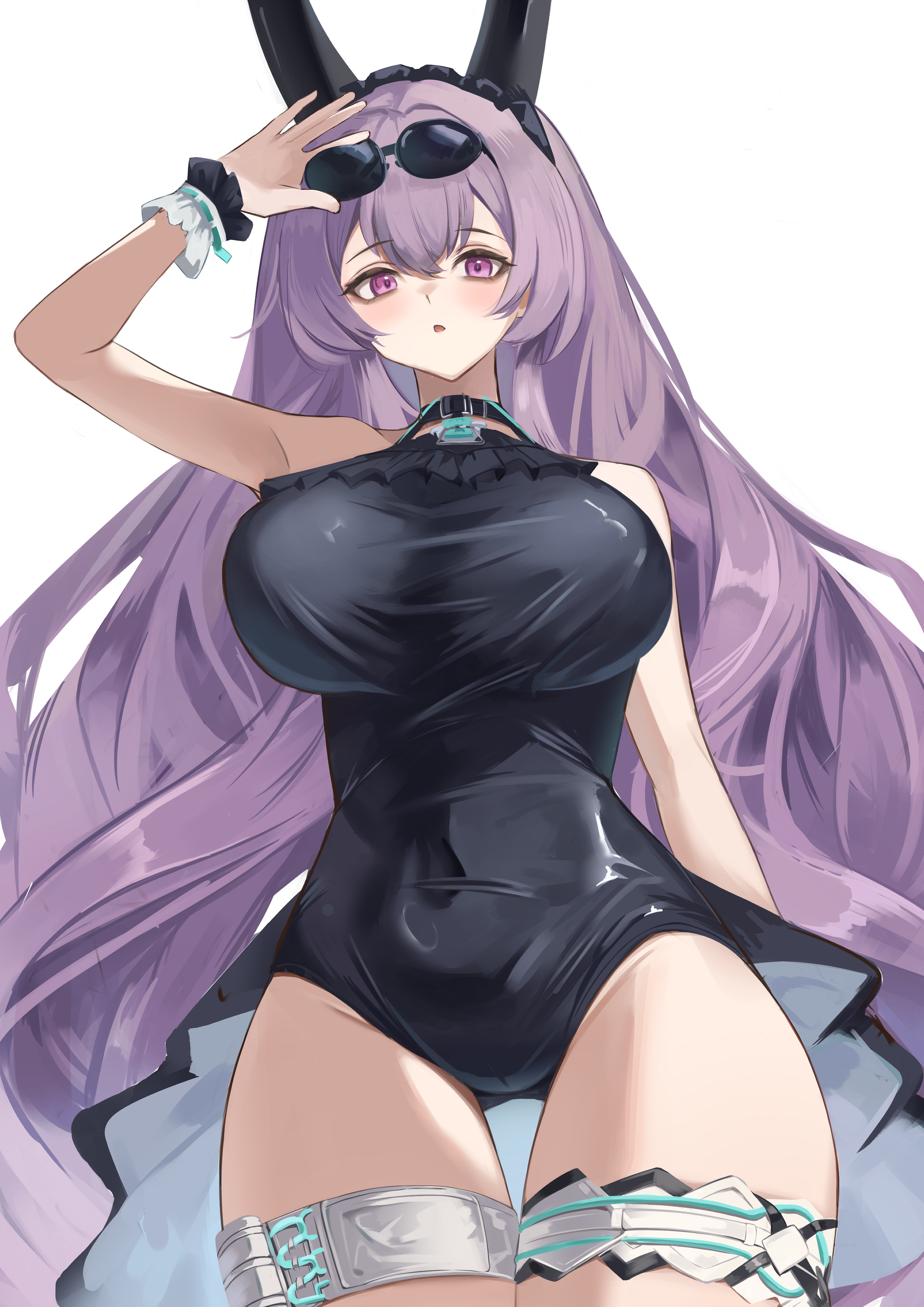 remapack77, typhon (arknights), typhon (temperature difference) (arknights), arknights, absurdres, highres, 1girl, arm up, black horns, black one-piece swimsuit, blush, breasts, eyewear on head, groin, hair between eyes, horns, large breasts, looking at viewer, official alternate costume, one-piece swimsuit, parted lips, purple eyes, simple background, solo, sunglasses, swimsuit, thigh gap, thigh strap, white background