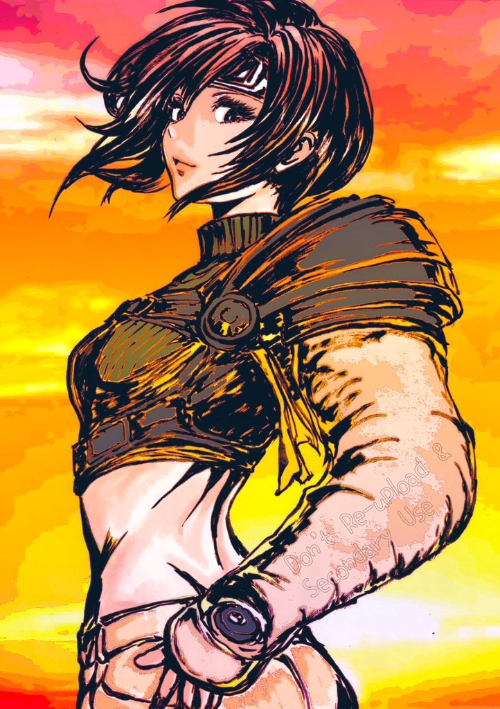 oeilvert fft, yuffie kisaragi, final fantasy, final fantasy vii, 1girl, armor, black hair, breasts, chest strap, crop top, hand on own hip, light smile, looking at viewer, maid headdress, medium breasts, midriff, pauldrons, short hair, shoulder armor, single arm guard, single pauldron, sleeveless, sleeveless turtleneck, solo, sunset, turtleneck, upper body
