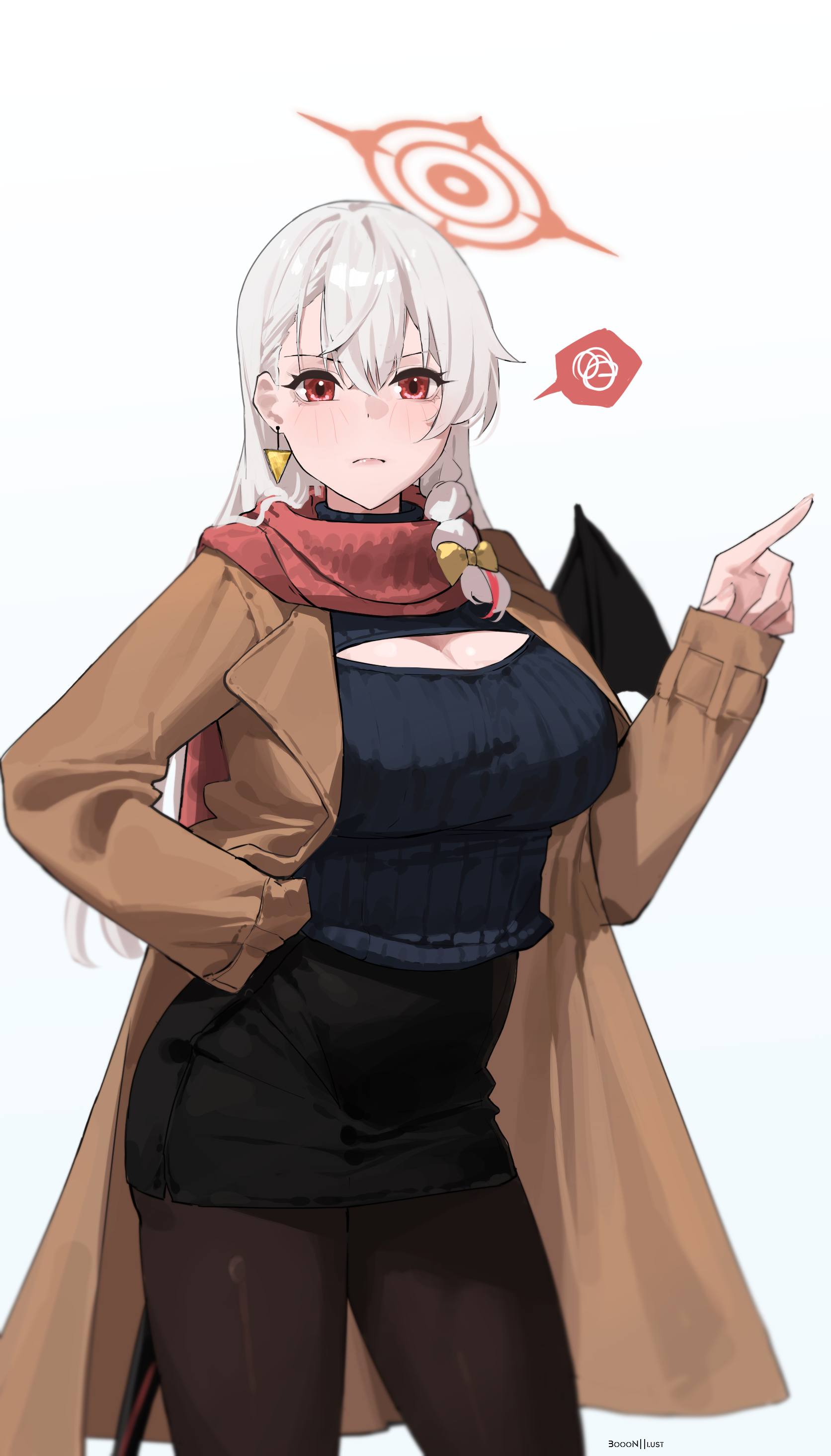 ai-bon, haruna (blue archive), blue archive, absurdres, commentary, highres, 1girl, alternate costume, artist name, asymmetrical bangs, black skirt, black wings, blue background, blue sweater, blurry, blush, bow, braid, breasts, brown coat, brown pantyhose, cleavage, cleavage cutout, closed mouth, clothing cutout, coat, cowboy shot, demon wings, depth of field, earrings, gradient background, grey hair, hair between eyes, hair bow, hair over shoulder, halo, hand on own hip, hand up, jewelry, large breasts, long hair, long sleeves, looking at viewer, mini wings, miniskirt, open clothes, open coat, orange halo, pantyhose, pencil skirt, pointing, pointing forward, red eyes, red scarf, ribbed sweater, scarf, side braid, single braid, single wing, skirt, sleeves past wrists, solo, speech bubble, spoken squiggle, squiggle, standing, sweater, triangle earrings, two-tone background, white background, wings, yellow bow
