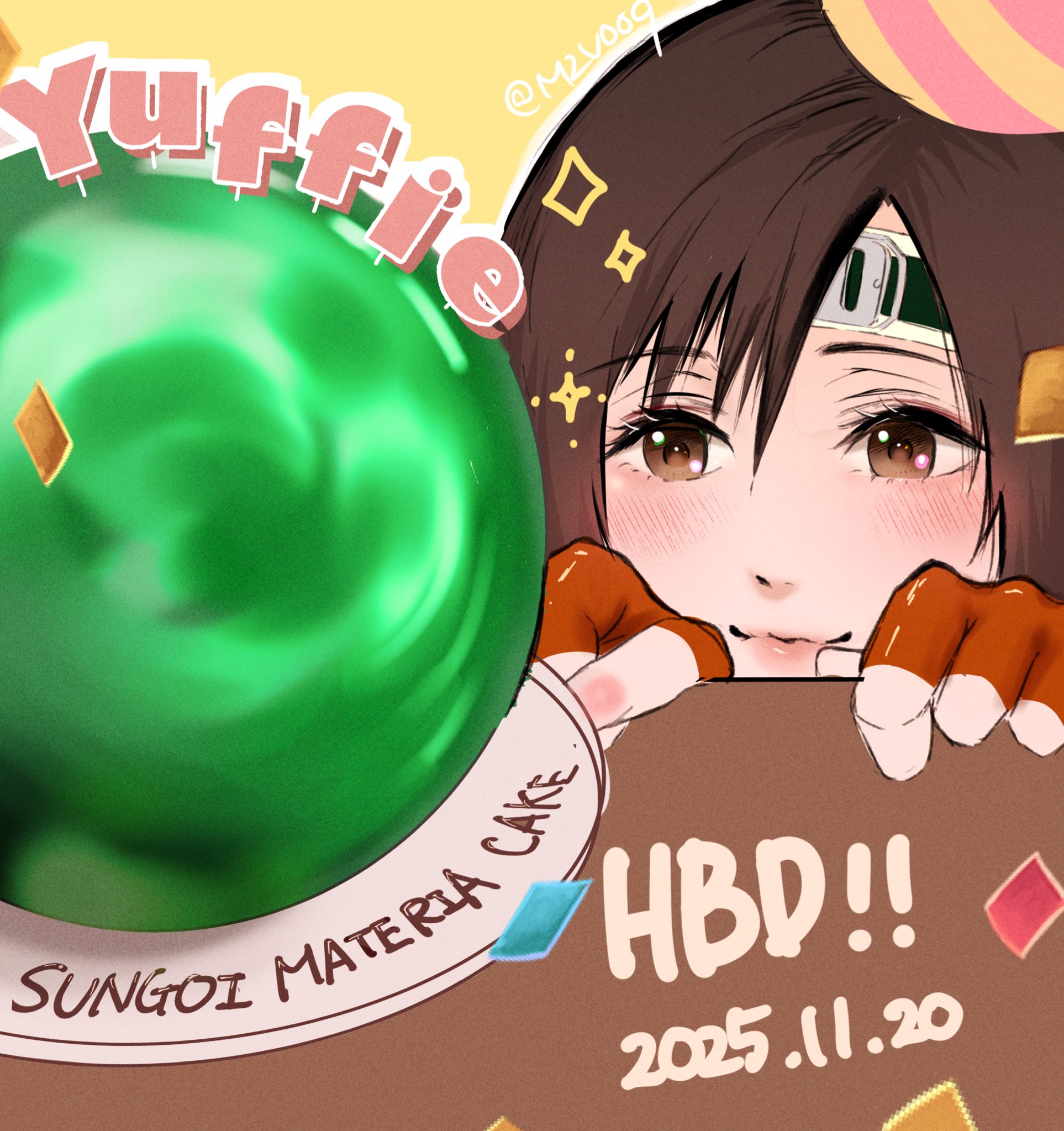 m2v009, yuffie kisaragi, final fantasy, final fantasy vii, highres, 1girl, birthday cake, brown eyes, brown hair, cake, character name, closed mouth, confetti, dated, fingerless gloves, food, gloves, happy birthday, hat, light blush, light smile, maid headdress, materia, orange gloves, party hat, short hair, solo, twitter username, upper body, yellow background