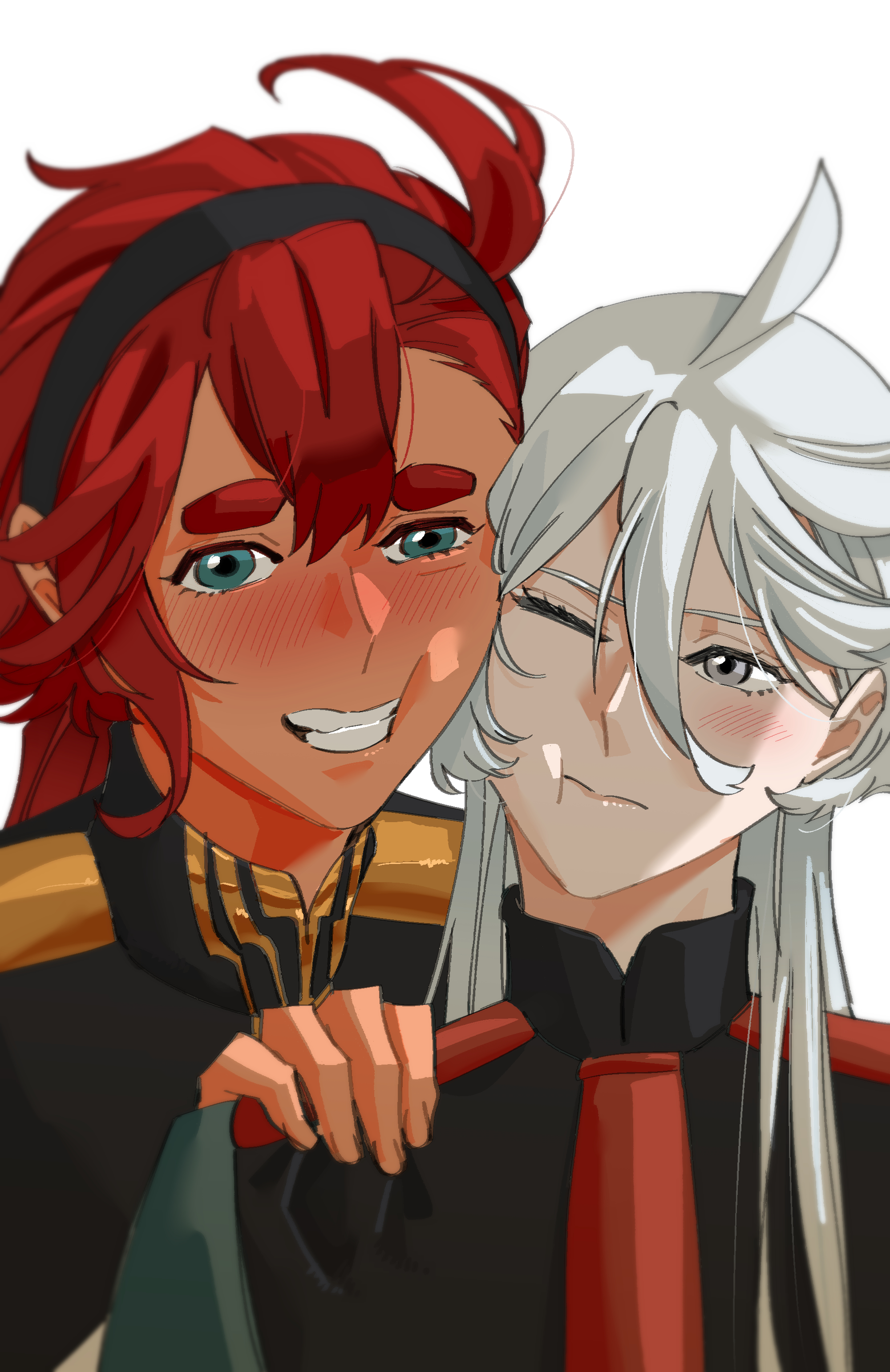 snapagi, miorine rembran, suletta mercury, gundam, gundam suisei no majo, absurdres, commentary request, highres, korean commentary, 2girls, asticassia school uniform, black hairband, blue eyes, blush, closed mouth, green jacket, grey eyes, grin, hairband, hand on another's shoulder, jacket, long hair, multiple girls, necktie, one eye closed, red hair, red necktie, school uniform, simple background, smile, thick eyebrows, upper body, white background, white hair