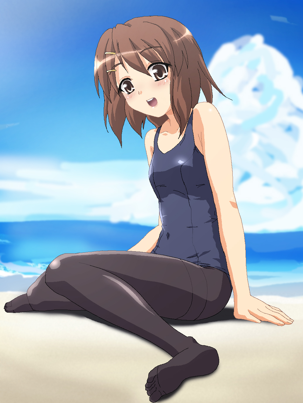 hayashiya zankurou, hirasawa yui, k-on!, derivative work, highres, 00s, 1girl, beach, brown eyes, brown hair, day, feet, female focus, flat chest, no shoes, oekaki, one-piece swimsuit, pantyhose, pantyhose under swimsuit, school swimsuit, short hair, solo, swimsuit, thighband pantyhose