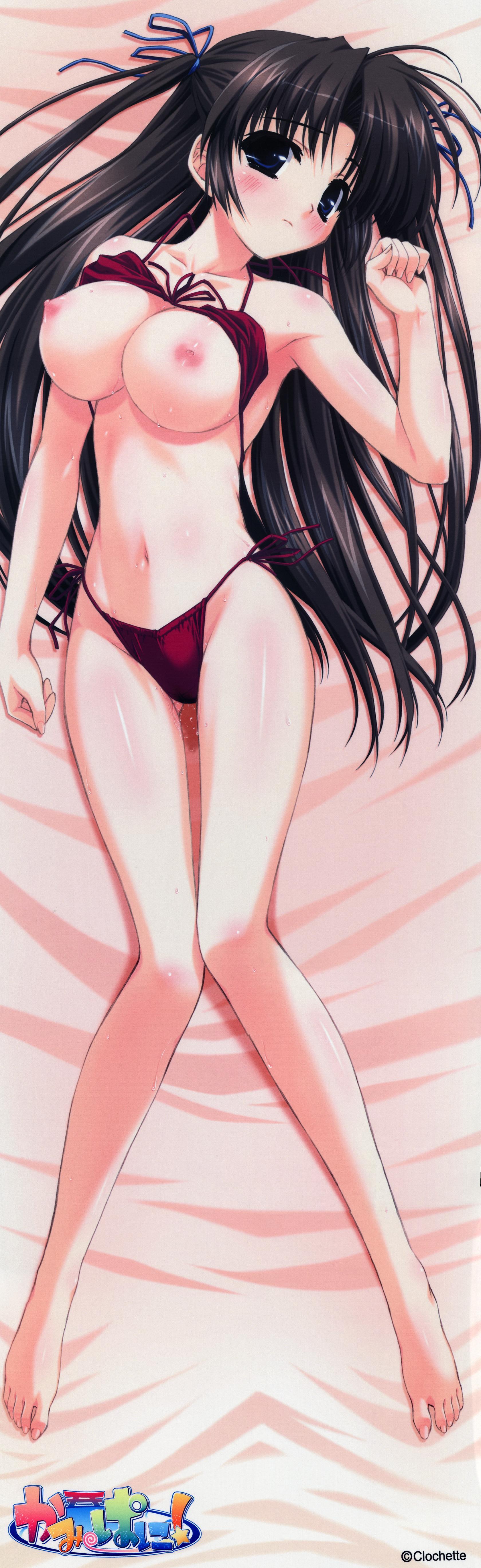 shintarou, katase megumi, kamipani!, absurdres, highres, long image, tall image, 1girl, barefoot, bed, bikini, bikini top lift, blue eyes, blush, breasts, brown hair, clothes lift, dakimakura (medium), feet, female focus, full body, large breasts, long hair, nipples, side-tie bikini bottom, solo, swimsuit, tears