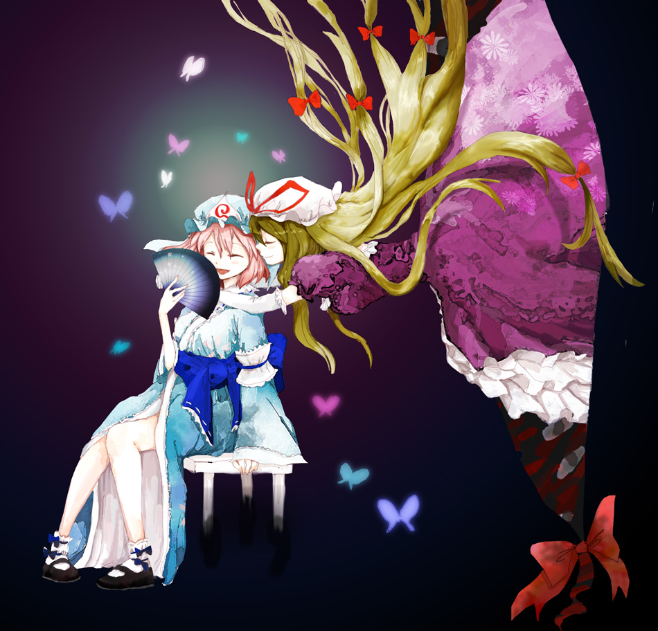 poncho (poncho), saigyouji yuyuko, yakumo yukari, touhou, 2girls, blonde hair, bow, bug, butterfly, closed eyes, elbow gloves, female focus, gap (touhou), gloves, hand fan, hat, hug, hug from behind, japanese clothes, kimono, long hair, multiple girls, pink hair, very long hair, white gloves