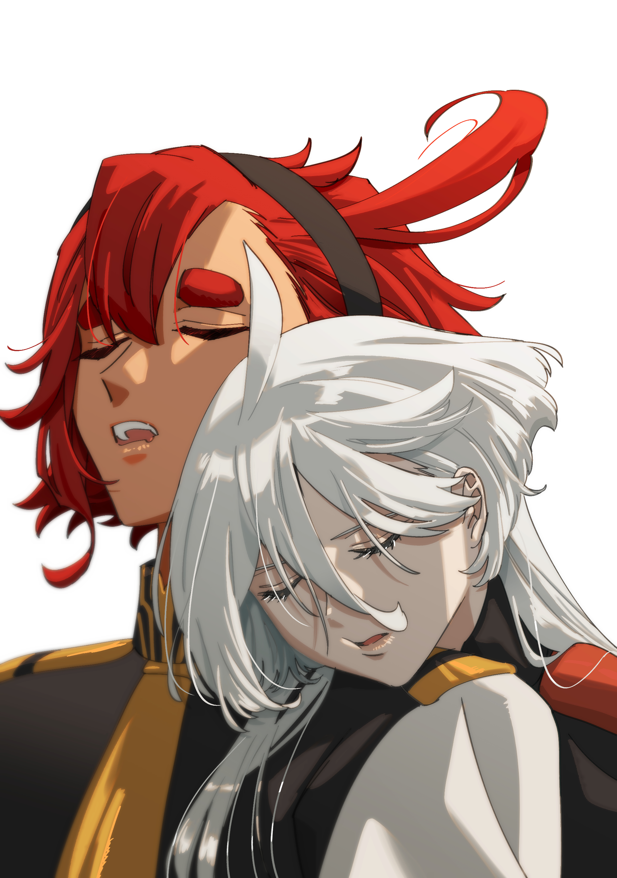 snapagi, miorine rembran, suletta mercury, gundam, gundam suisei no majo, absurdres, commentary request, highres, korean commentary, 2girls, asticassia school uniform, black hairband, closed eyes, hairband, head on another's shoulder, jacket, long hair, multiple girls, open mouth, parted lips, school uniform, simple background, sleeping, white background, white jacket, yuri