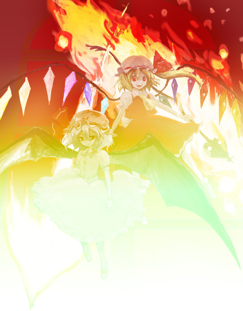 poncho (poncho), flandre scarlet, remilia scarlet, touhou, 2girls, bat wings, blonde hair, female focus, fire, hat, laevatein, multiple girls, red eyes, siblings, sisters, spear the gungnir, wings