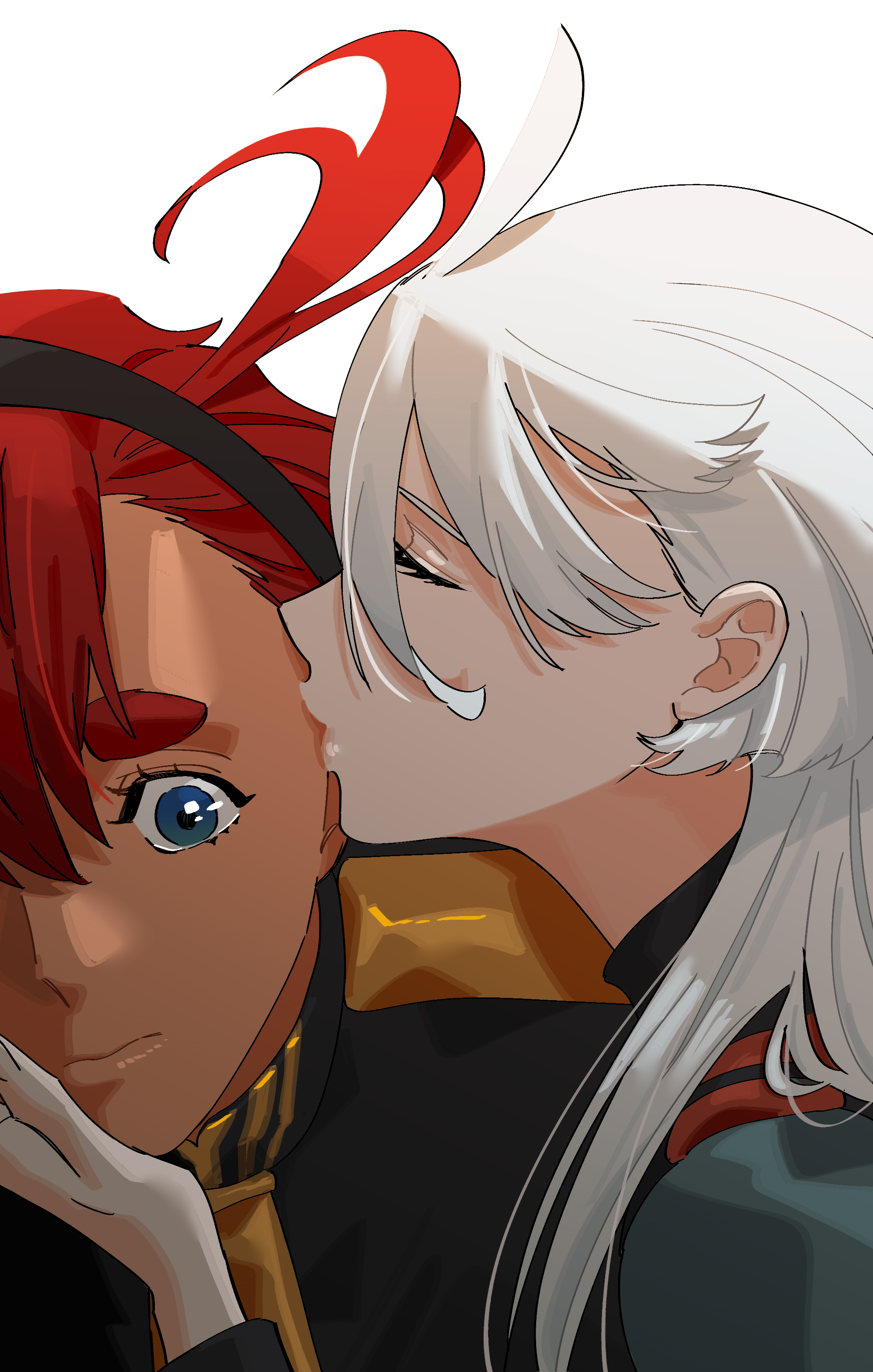 snapagi, miorine rembran, suletta mercury, gundam, gundam suisei no majo, absurdres, commentary request, highres, korean commentary, 2girls, ahoge, asticassia school uniform, blue eyes, closed eyes, closed mouth, green jacket, jacket, kiss, kissing cheek, long hair, multiple girls, red hair, school uniform, simple background, thick eyebrows, white background, white hair, yuri