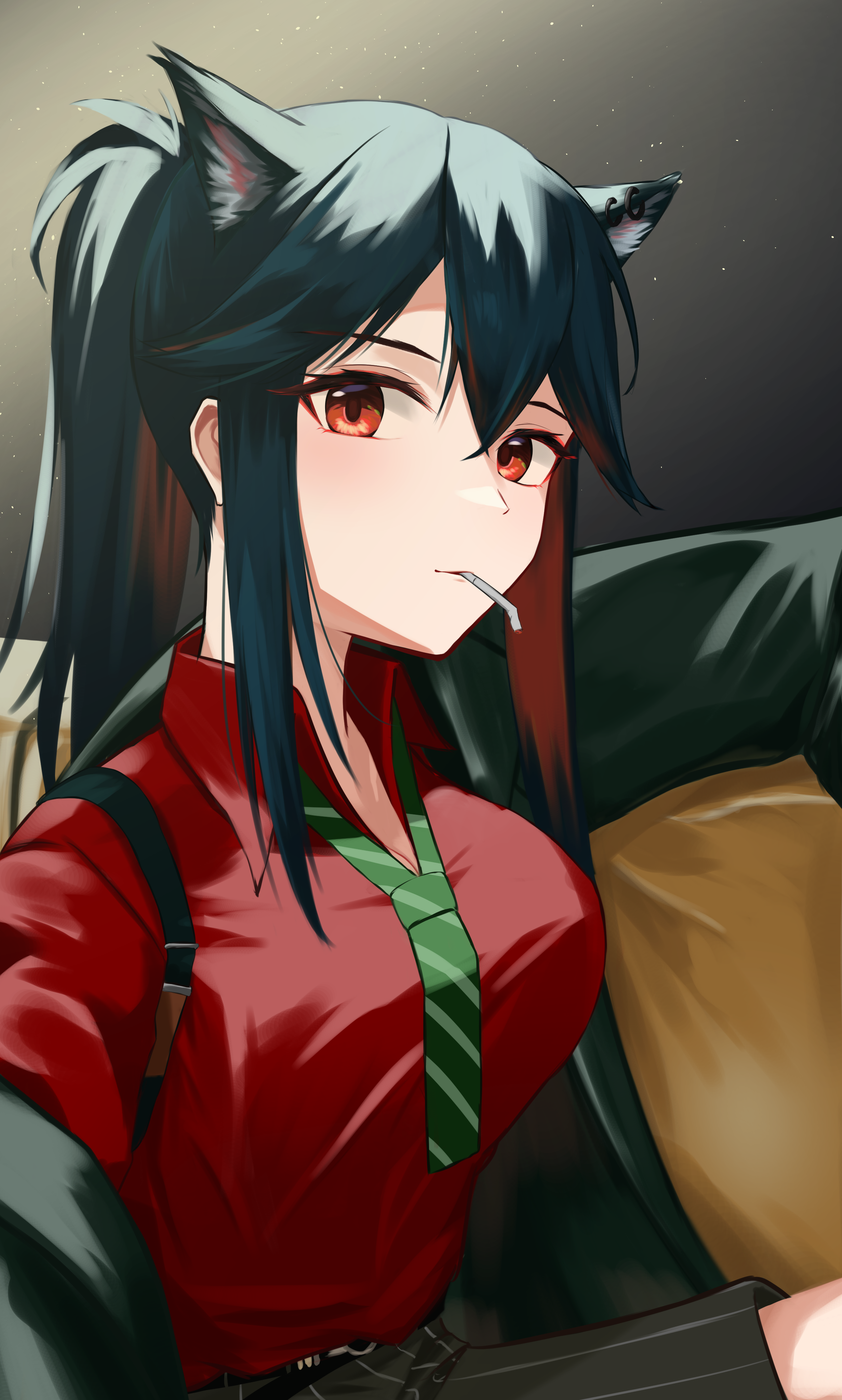 nekomatamago, texas (arknights), texas (willpower) (arknights), arknights, absurdres, commentary, highres, 1girl, animal ear piercing, animal ears, black hair, black jacket, bolo tie, breasts, cigarette, cleavage, collared shirt, hair between eyes, jacket, light particles, long sleeves, looking at viewer, medium breasts, medium hair, official alternate costume, open collar, orange eyes, red shirt, shirt, sidelocks, solo, wolf ears, wolf girl