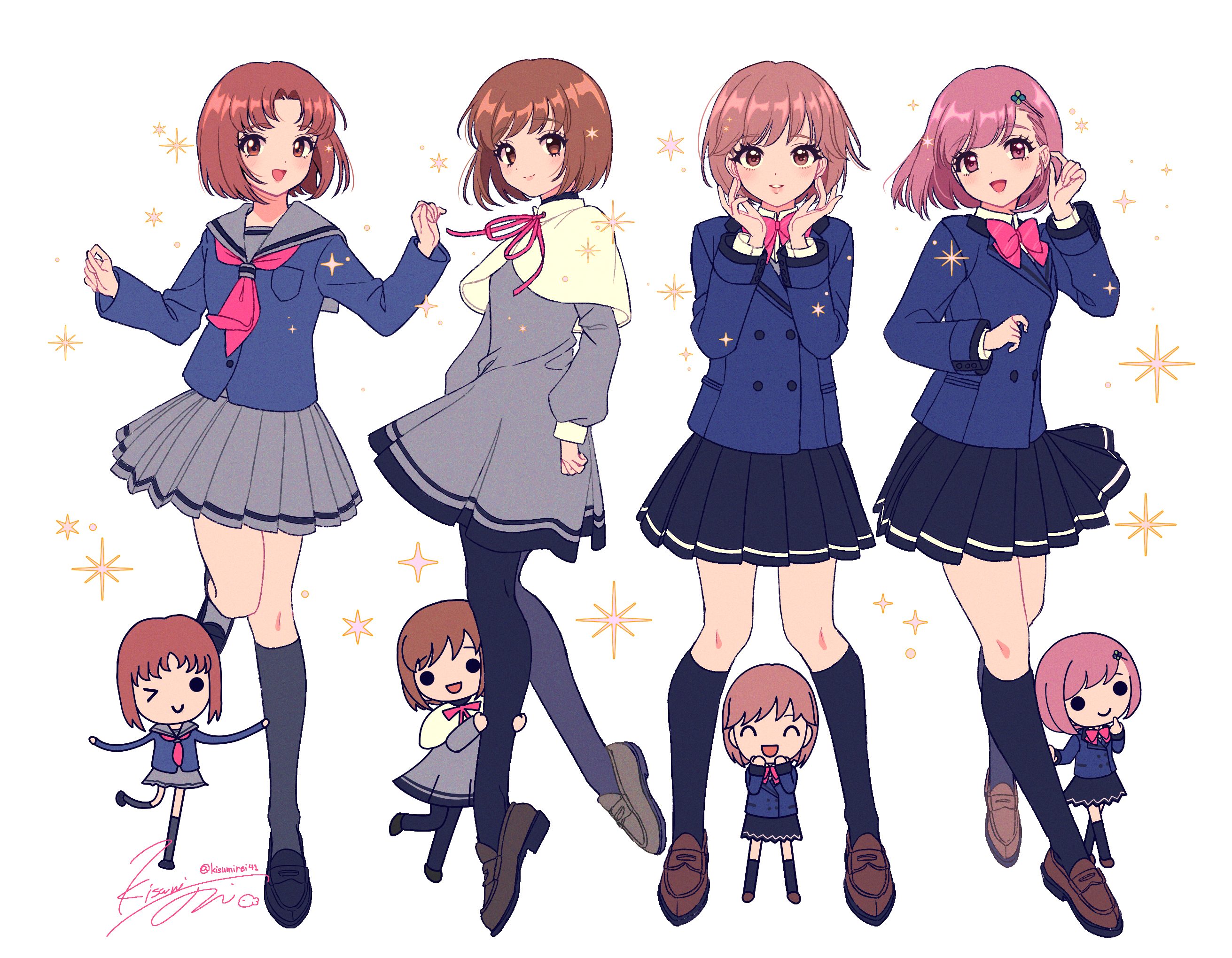 kisumi rei, protagonist (tokimemo gs), protagonist (tokimemo gs2), protagonist (tokimemo gs3), protagonist (tokimemo gs4), tokimeki memorial, tokimeki memorial girl's side, tokimeki memorial girl's side 1st love, tokimeki memorial girl's side 2nd kiss, tokimeki memorial girl's side 3rd story, tokimeki memorial girl's side 4th heart, commentary, highres, 4girls, black pantyhose, black shoes, black skirt, black socks, blue jacket, bow, bowtie, brown eyes, brown hair, brown shoes, capelet, chibi, closed mouth, dress, full body, grey dress, grey sailor collar, grey skirt, grey socks, habataki academy school uniform, hair ornament, hairclip, hand in own hair, hanegasaki academy school uniform, jacket, loafers, multiple girls, neck ribbon, necktie, open mouth, pantyhose, parted lips, pink eyes, pink hair, pleated skirt, red bow, red bowtie, red necktie, red ribbon, ribbon, sailor collar, school uniform, shoes, short hair, signature, skirt, smile, socks, sparkle, swept bangs, twitter username, white background, white capelet
