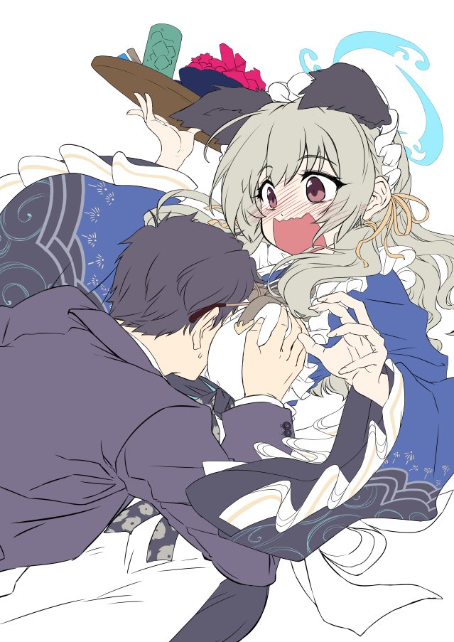 takana shinno, sensei (blue archive), umika (blue archive), blue archive, commentary request, 1boy, 1girl, :d, ;d, ^ ^, animal ears, apron, arm up, between breasts, black hair, black kimono, black suit, blue halo, blue kimono, blush, bowl, breasts, brown eyes, chibi, closed eyes, collared shirt, cup, dog ears, dog girl, falling, floppy ears, formal clothes, frilled apron, frilled kimono, frilled sleeves, frills, glasses, grabbing another's breast, green hair, groping, hair between eyes, hair intakes, hair ribbon, halo, head between breasts, holding, holding tray, japanese clothes, kimono, long hair, long sleeves, looking at another, looking at viewer, maid, maid apron, maid headdress, multicolored kimono, one eye closed, open mouth, ribbon, shirt, short hair, simple background, smile, solo, suit, surprised, sweatdrop, tray, upper body, wa maid, wavy mouth, white apron, white background, white shirt, wide sleeves, yellow ribbon, yunomi